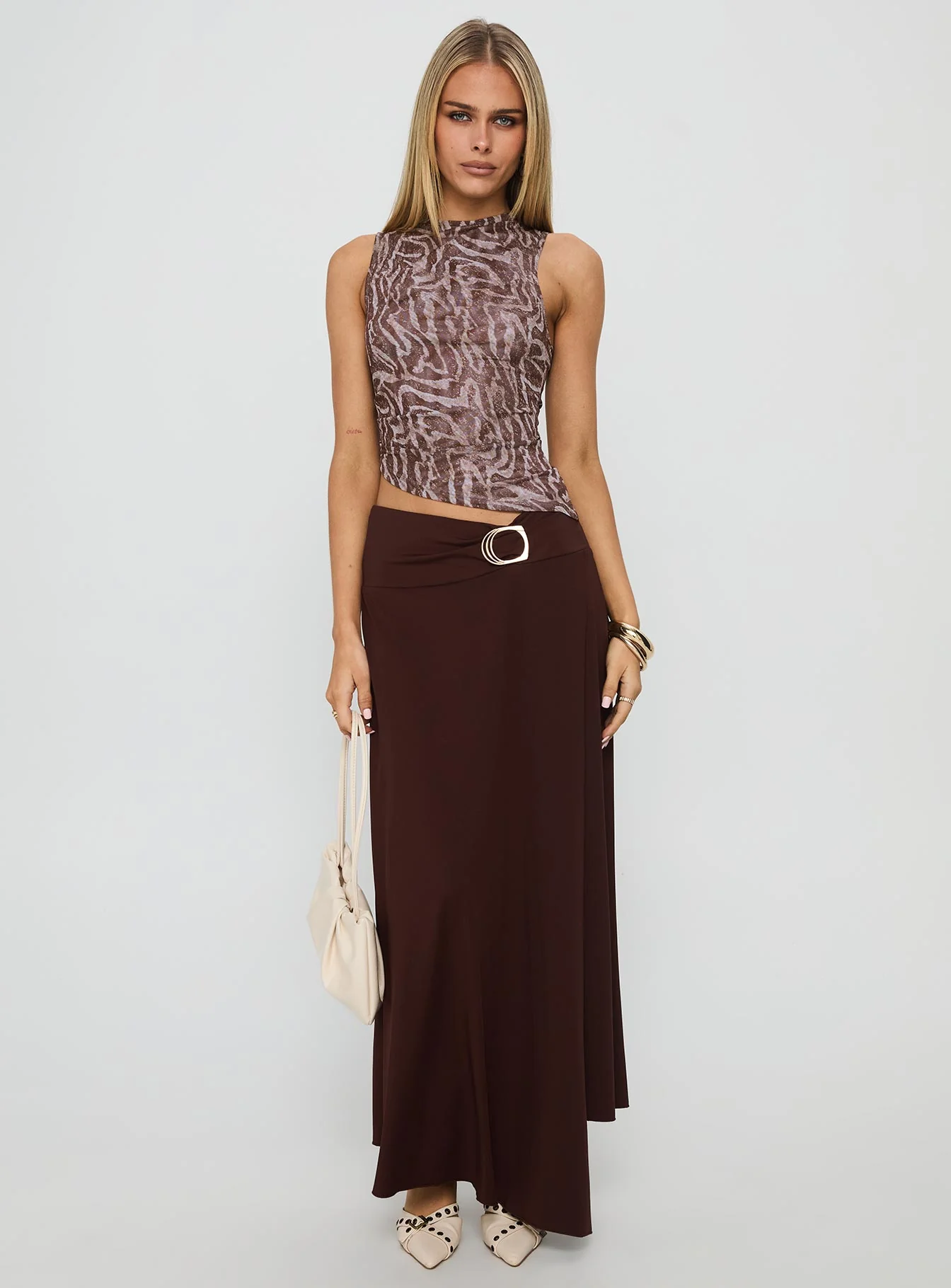 Nola Hardware Slit Maxi Skirt Brown