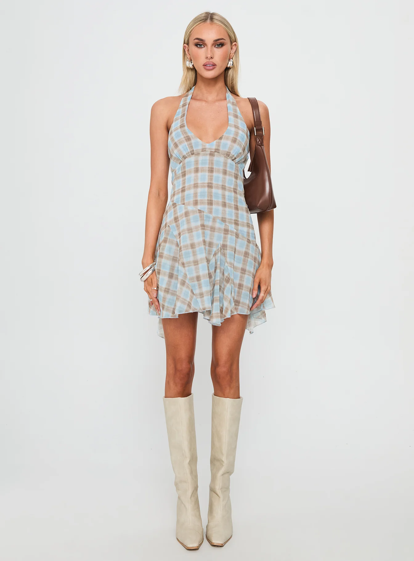 Valorie Halter Mini Dress Blue Check