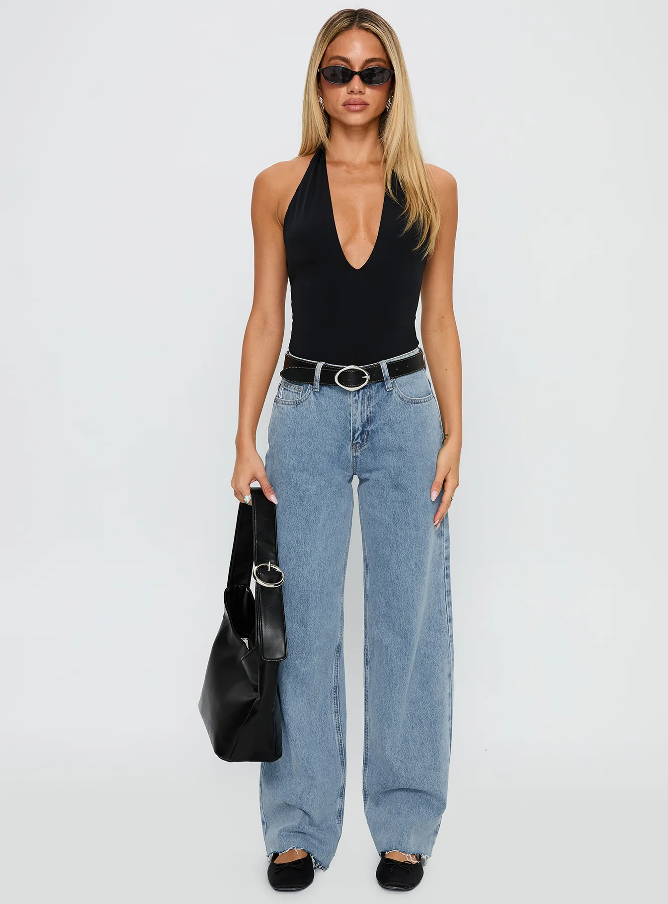 Kendrae Plunge Halter Bodysuit Black