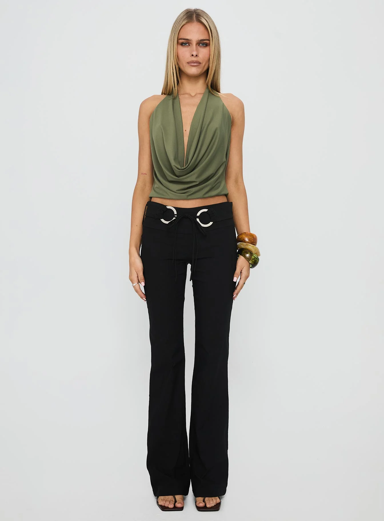 Carefree Days Jersey Cowl Neck Top Khaki