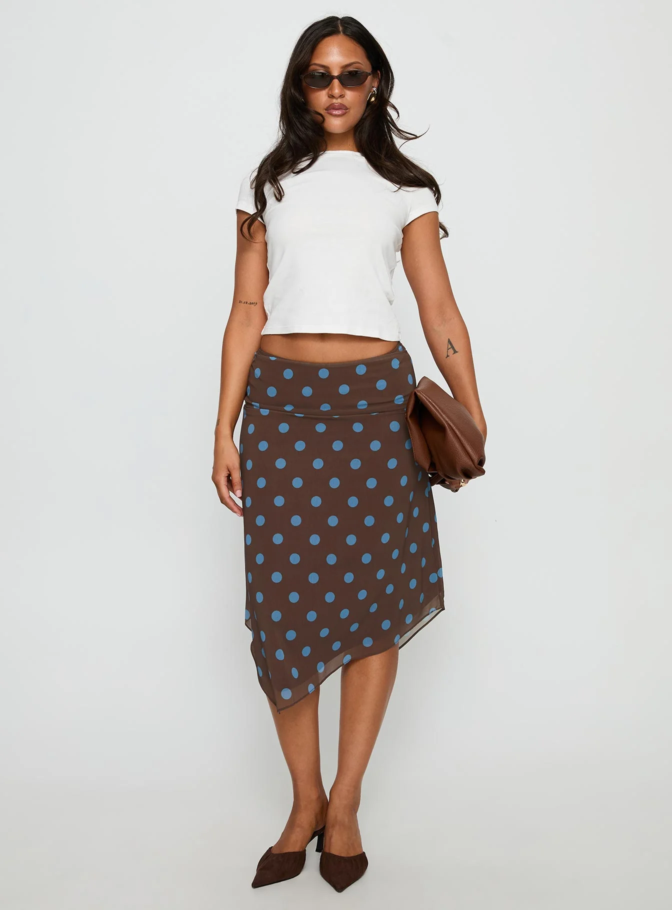 Daphene Asymmetrical Midi Skirt Brown / Blue Polka Dot