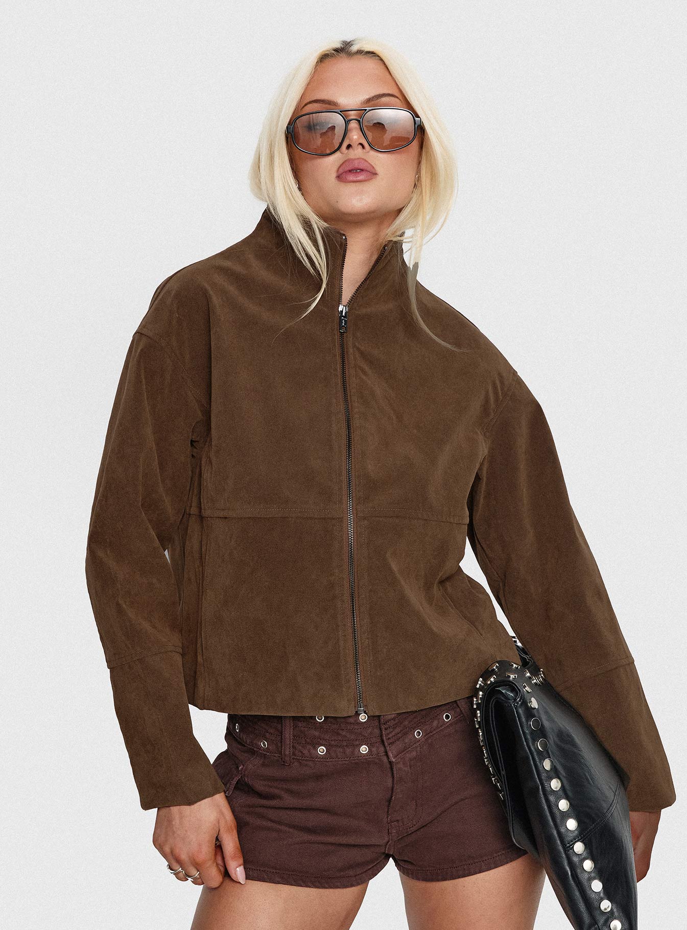 Jessalynn Faux Suede Zip Through Jacket Brown