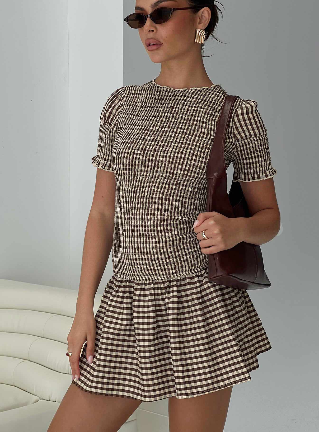 Laurita Shirred Mini Dress Brown Check