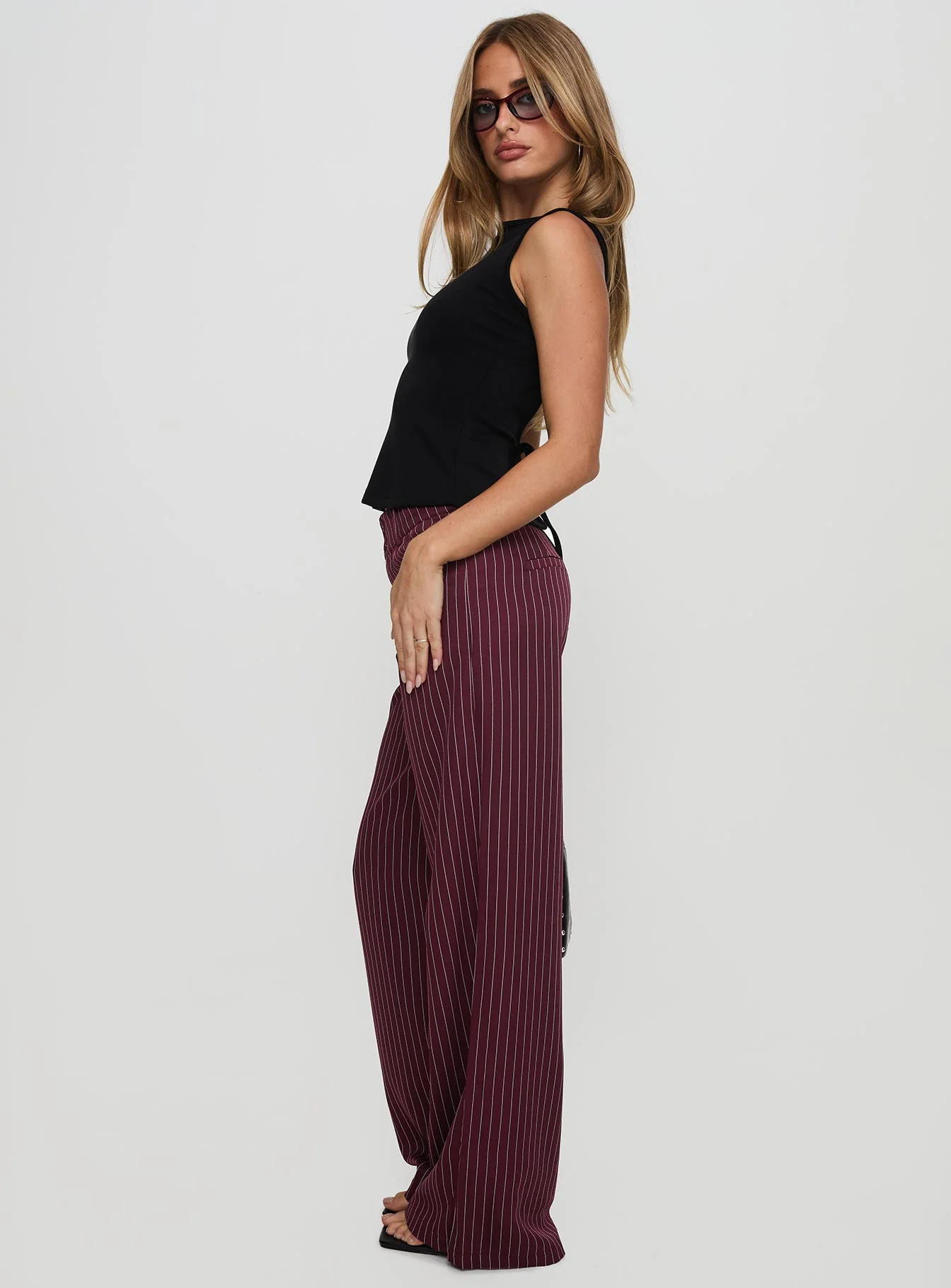 Lorenne Mid Rise Pant Burgundy Pinstripe