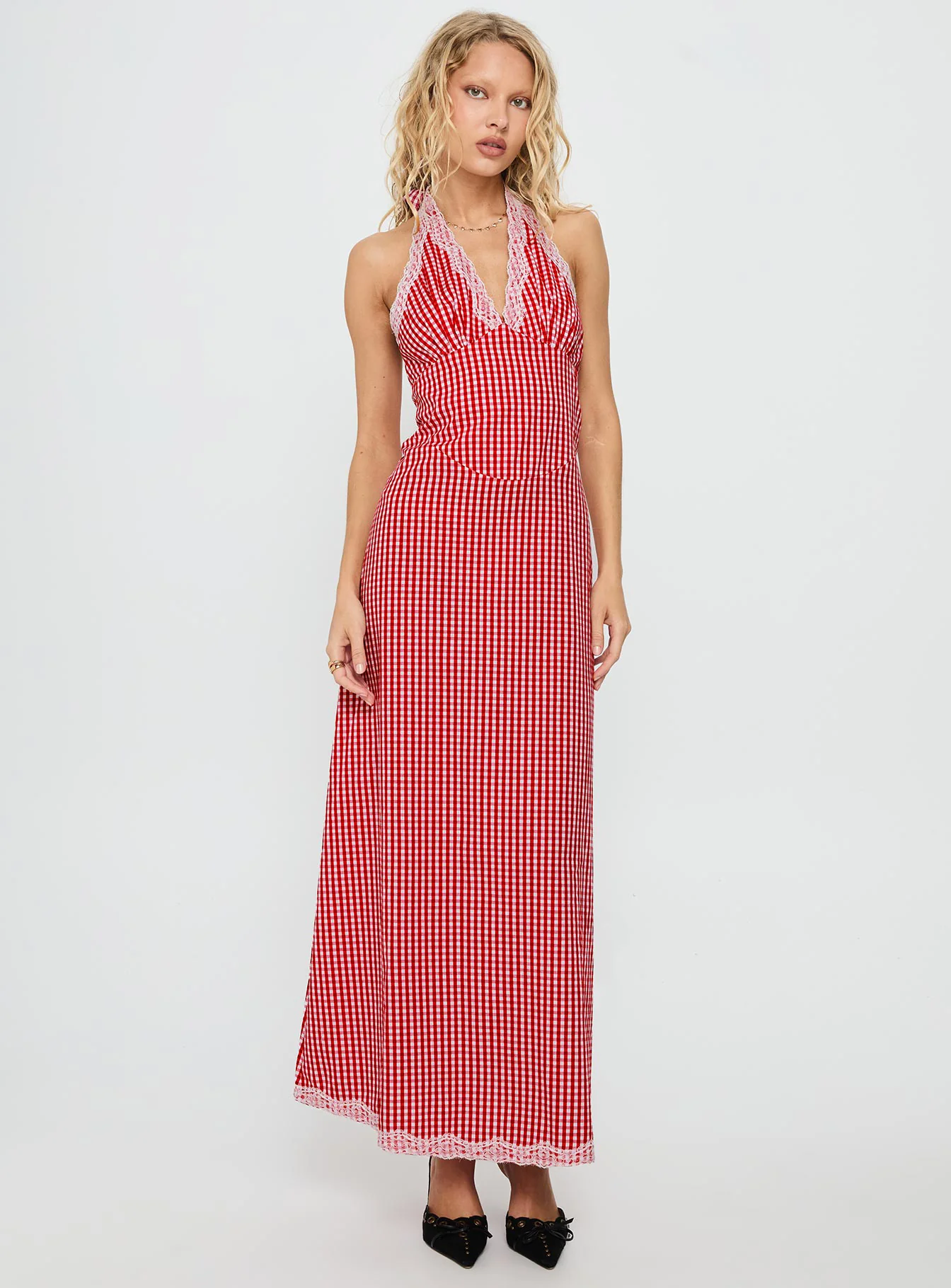 Betsie Halter Lace Maxi Dress Red Gingham