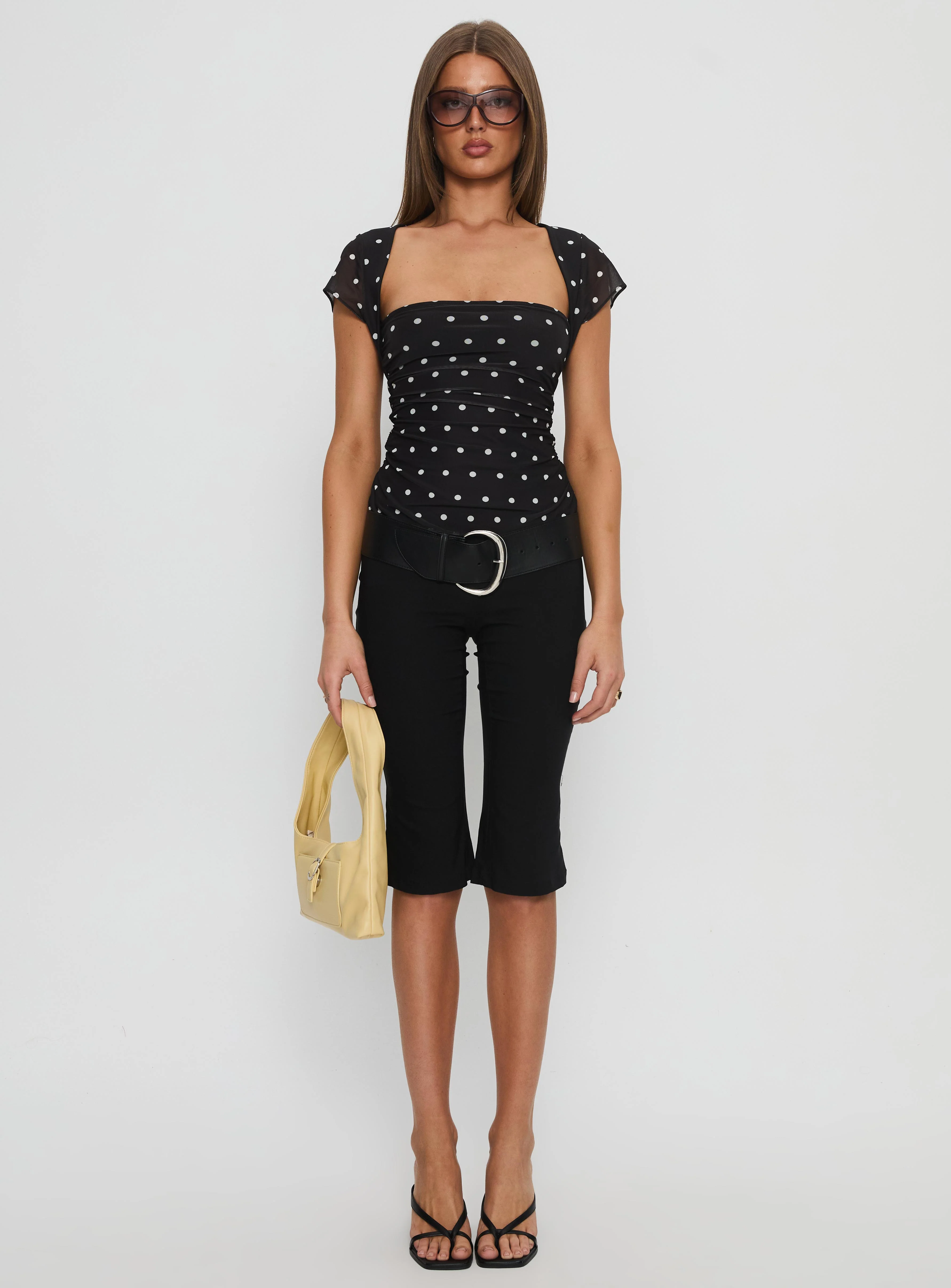 Attraction Cap Sleeve Mesh Top Black Polka