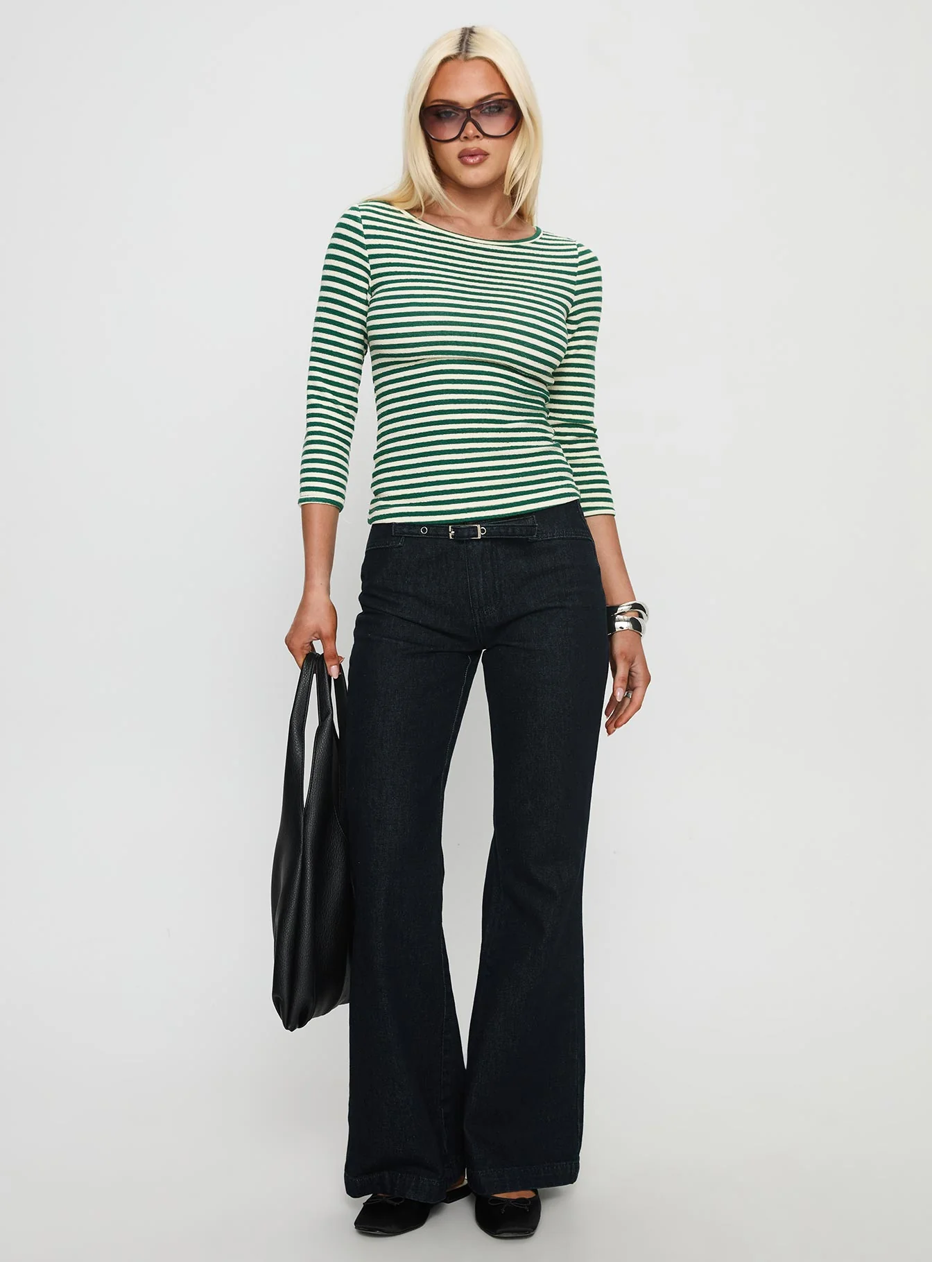 Missouri 3/4 Sleeve Textured Top Green Stripe