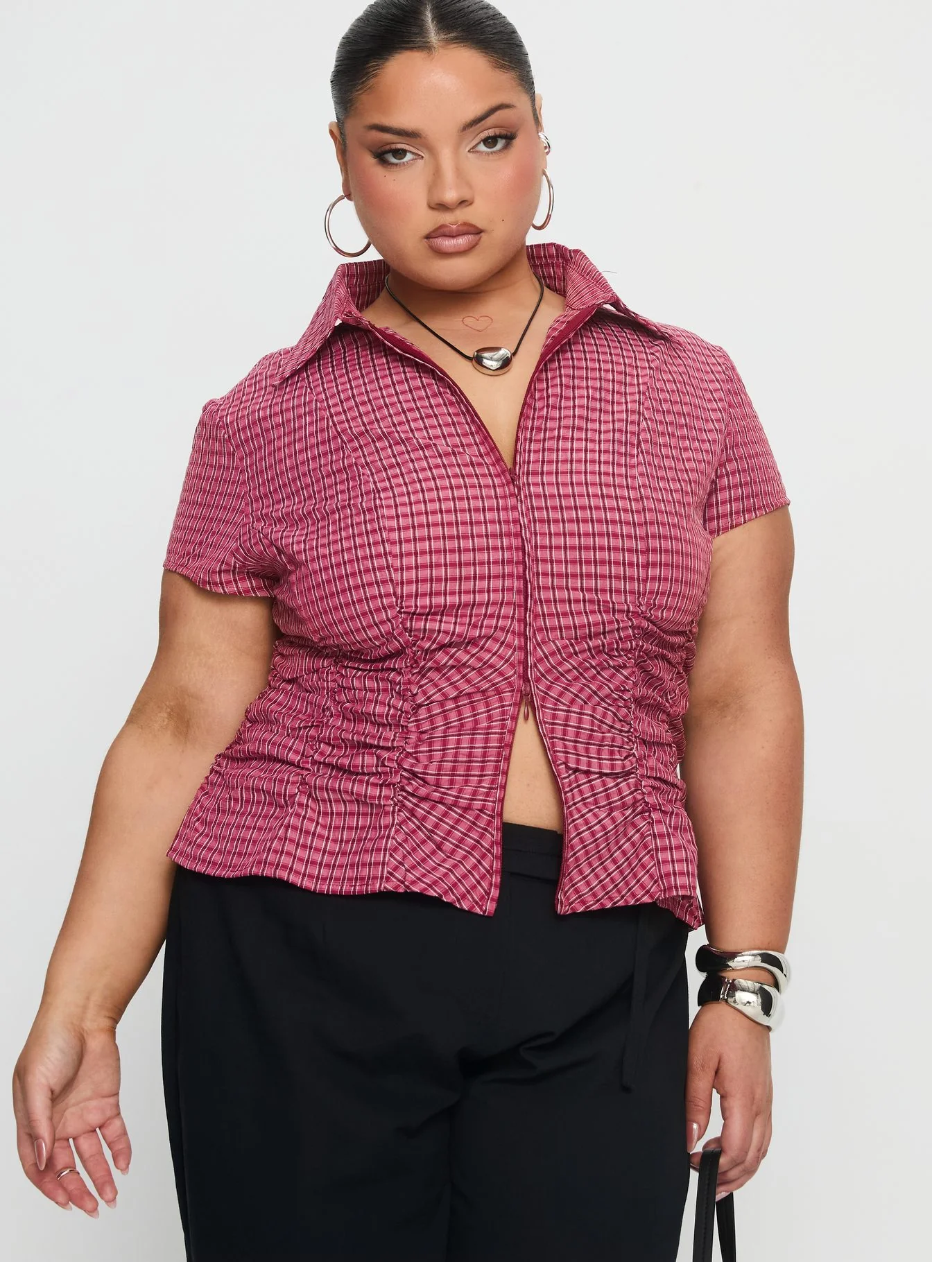 Meryn Ruched Top Red Check Curve