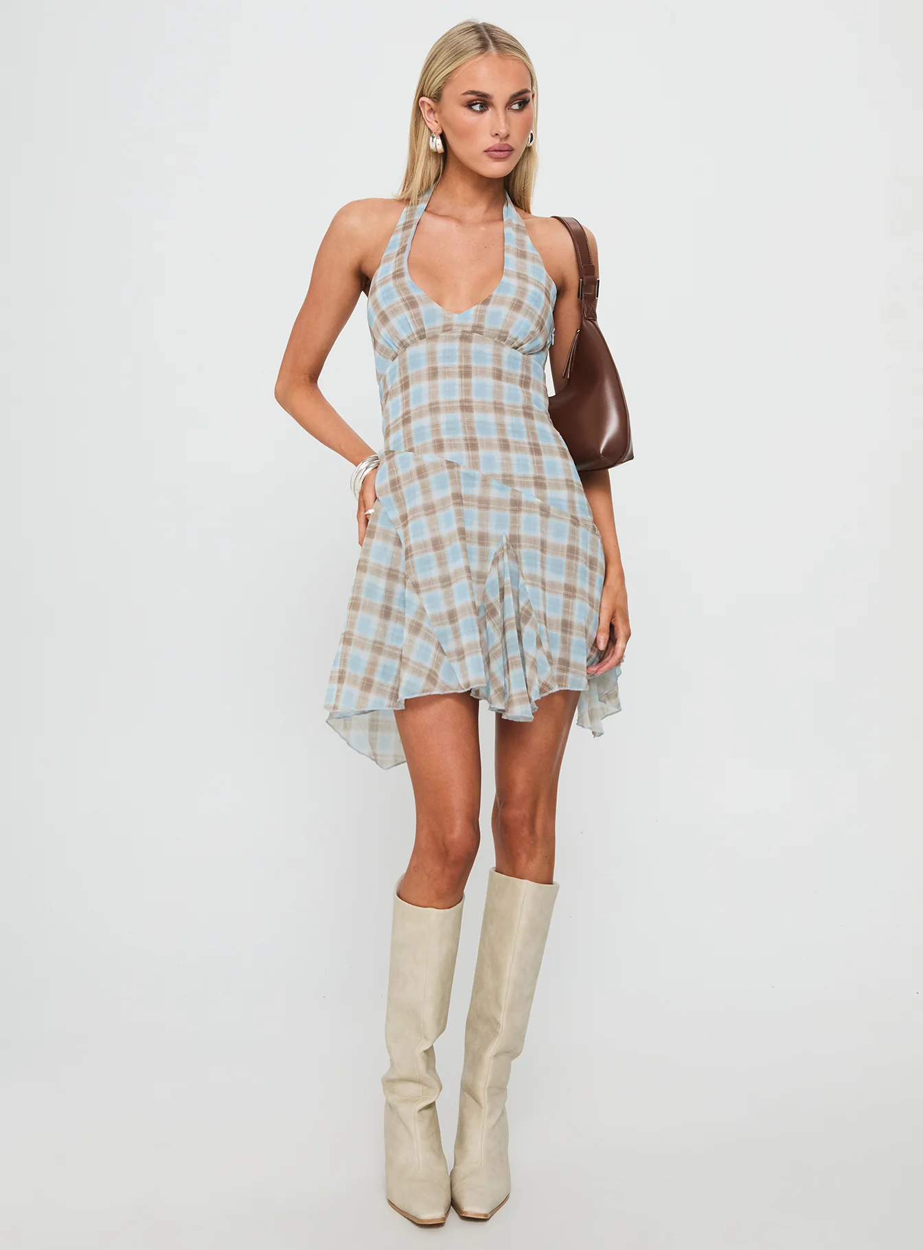 Valorie Halter Mini Dress Blue Check