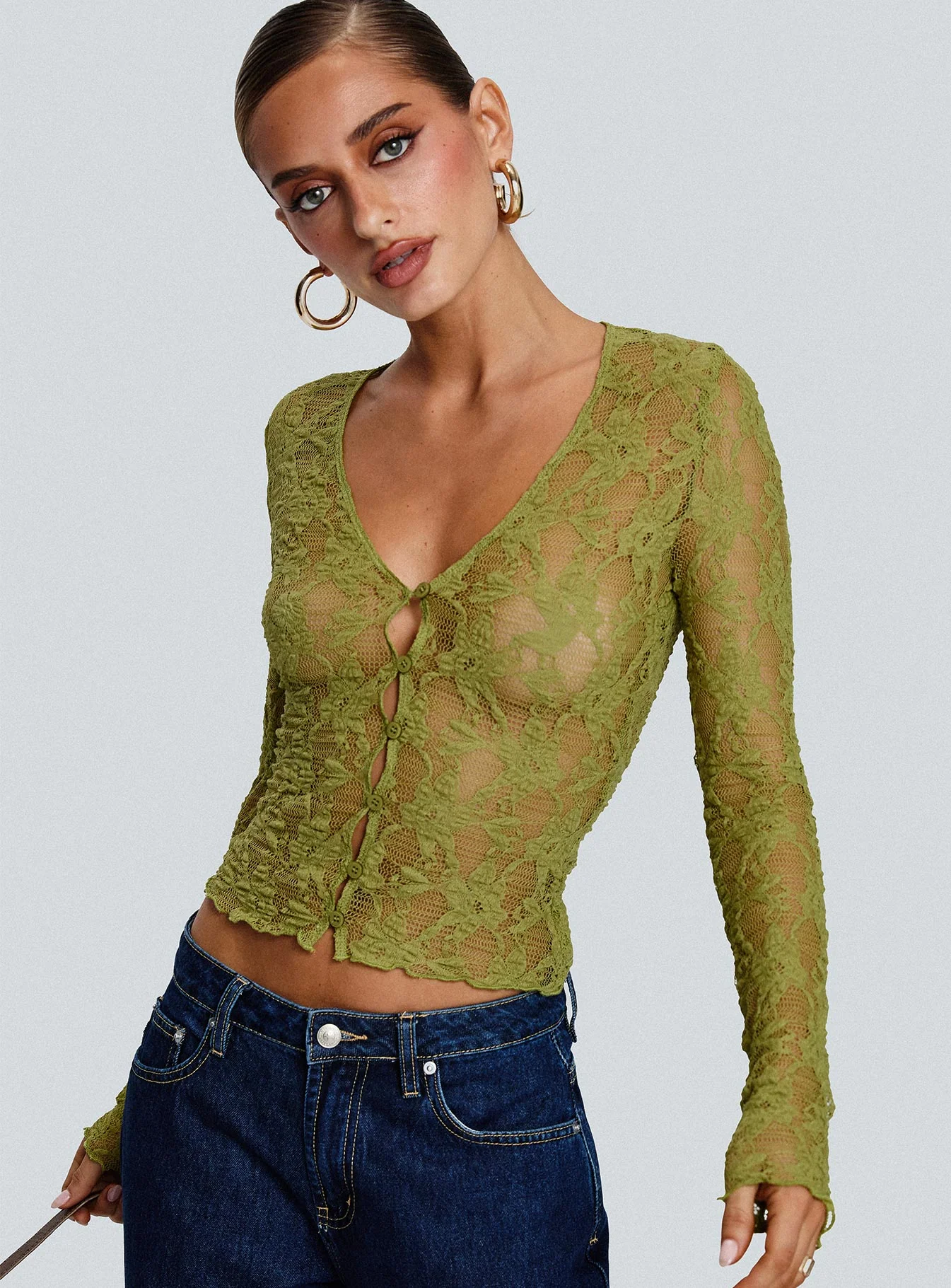 Prized Possessions Sheer Button Up Top Green