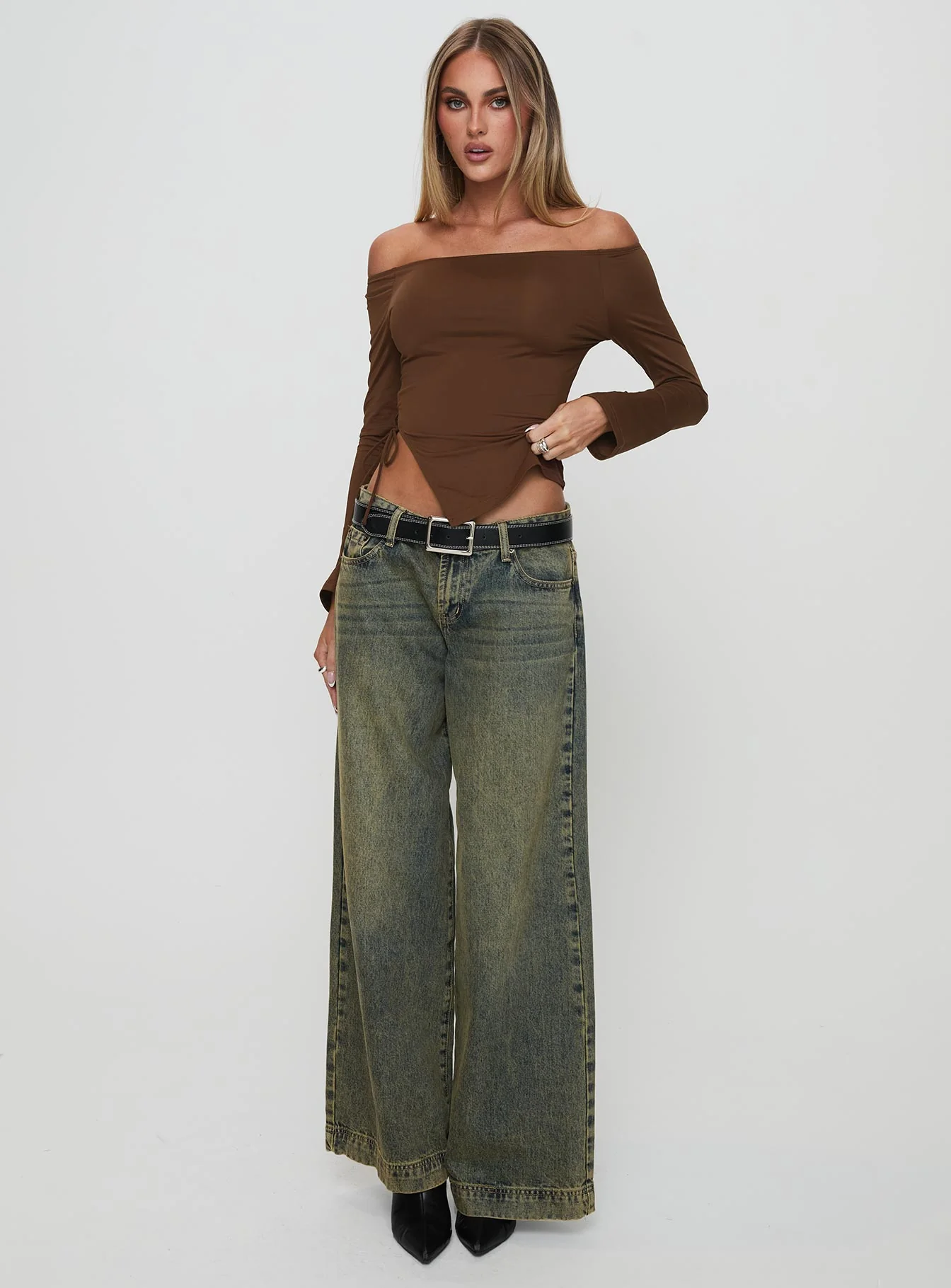 Endellion Off Shoulder Long Sleeve Top Chocolate