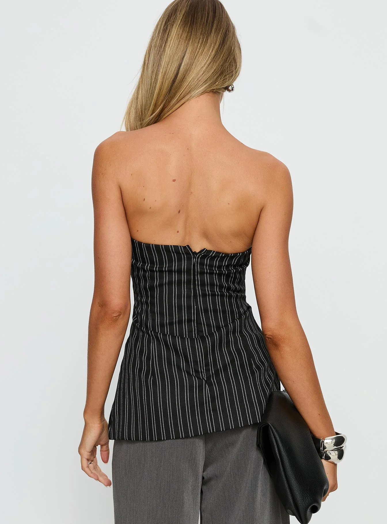 Maralyn Strapless Top Black Pinstripe