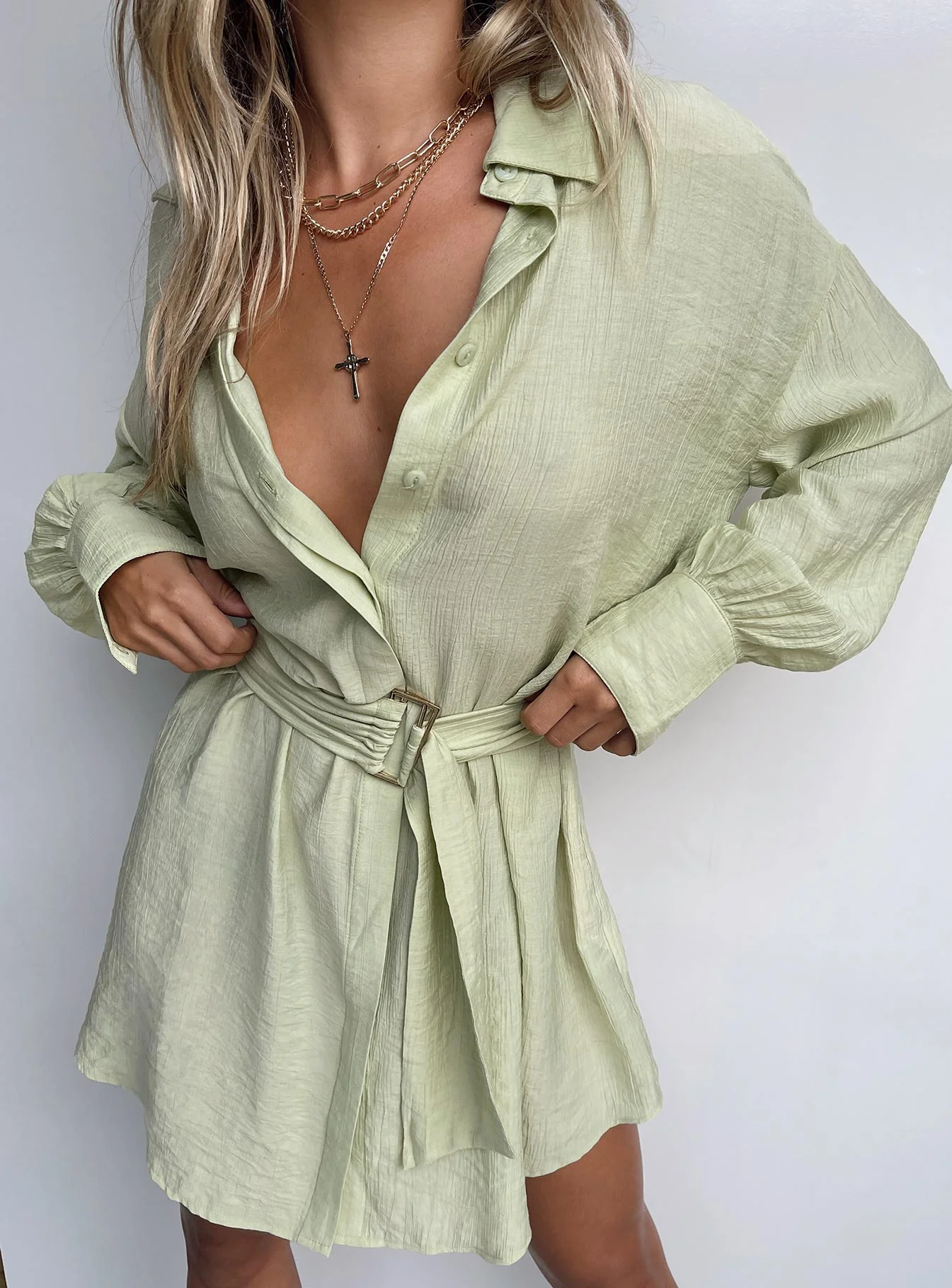 Bilari Textured Fabric Shirt Dress Green