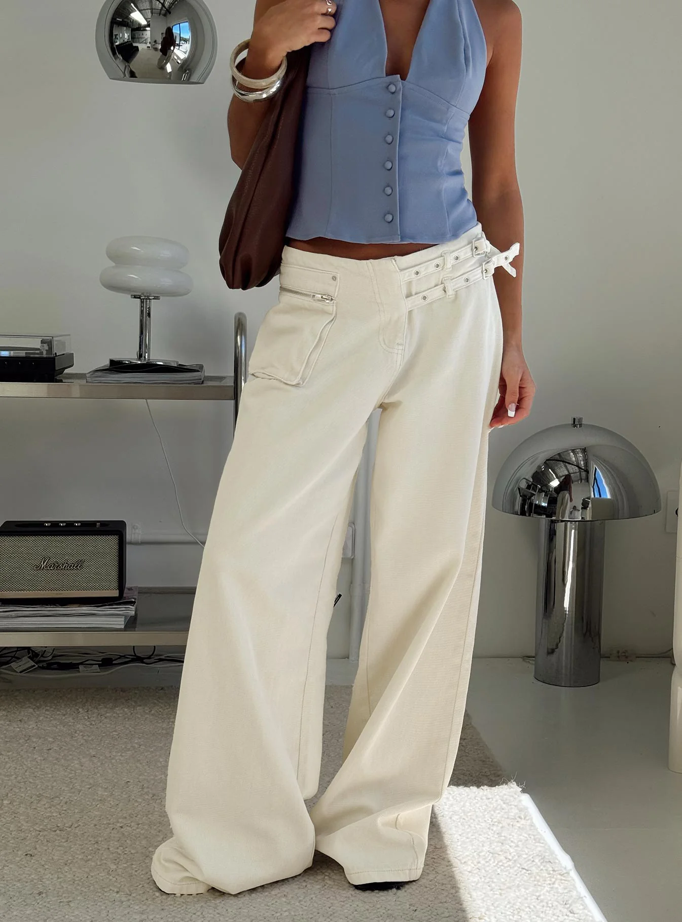 Paltrow Mid Rise Wide Leg Cargo Jeans Cream