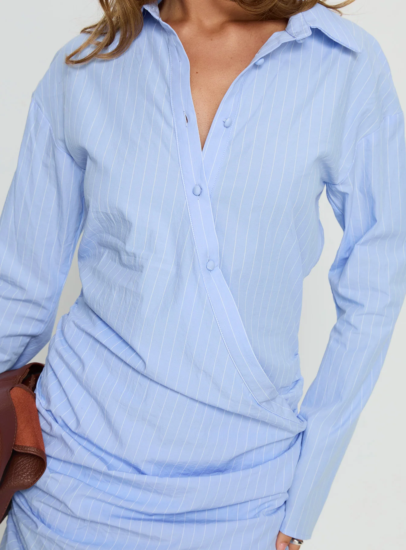 Well Versed Long Sleeve Ruched Shirt Mini Dress Blue