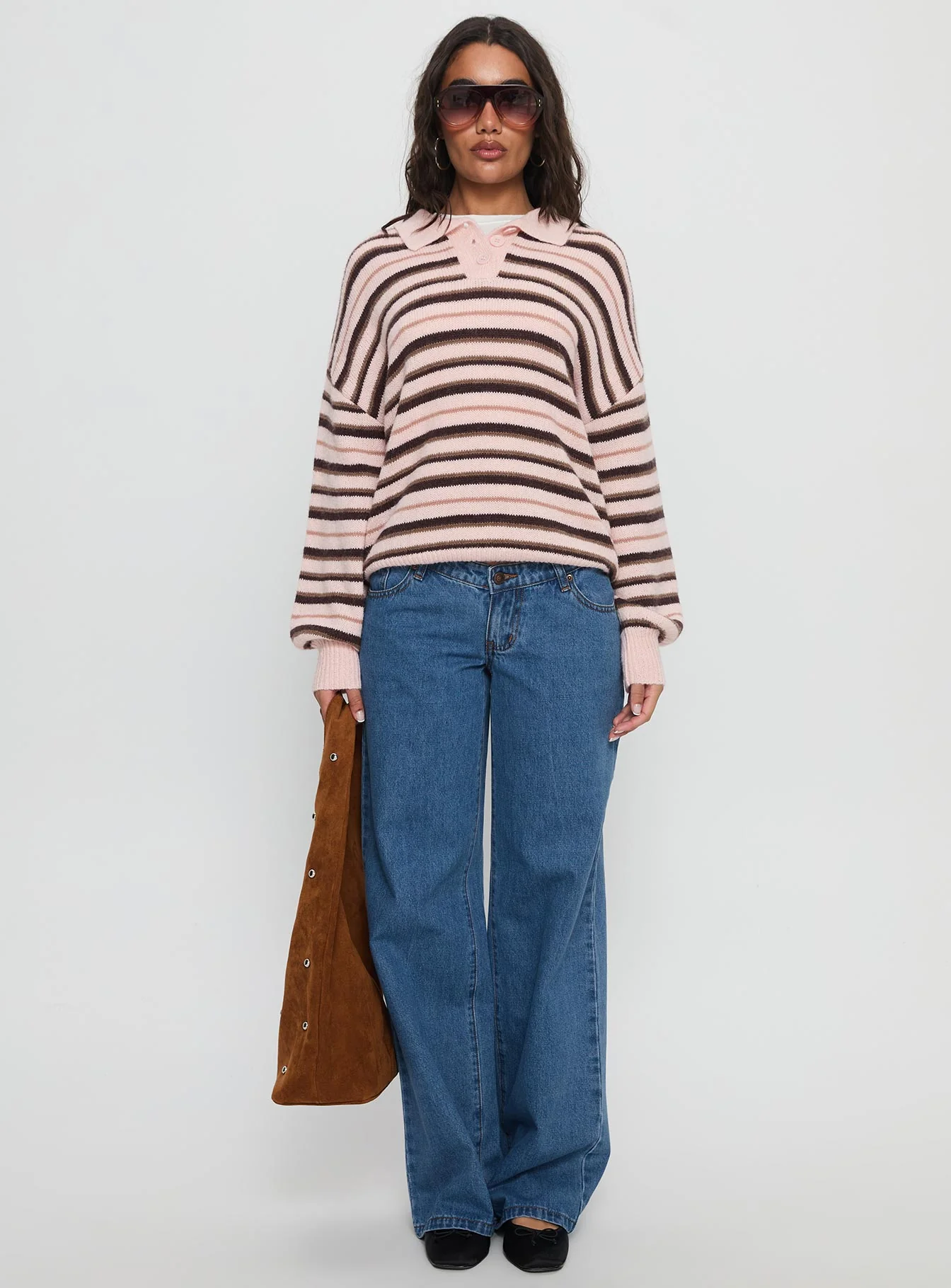 Jeanny Collared Knit Sweater Brown / Pink Stripe