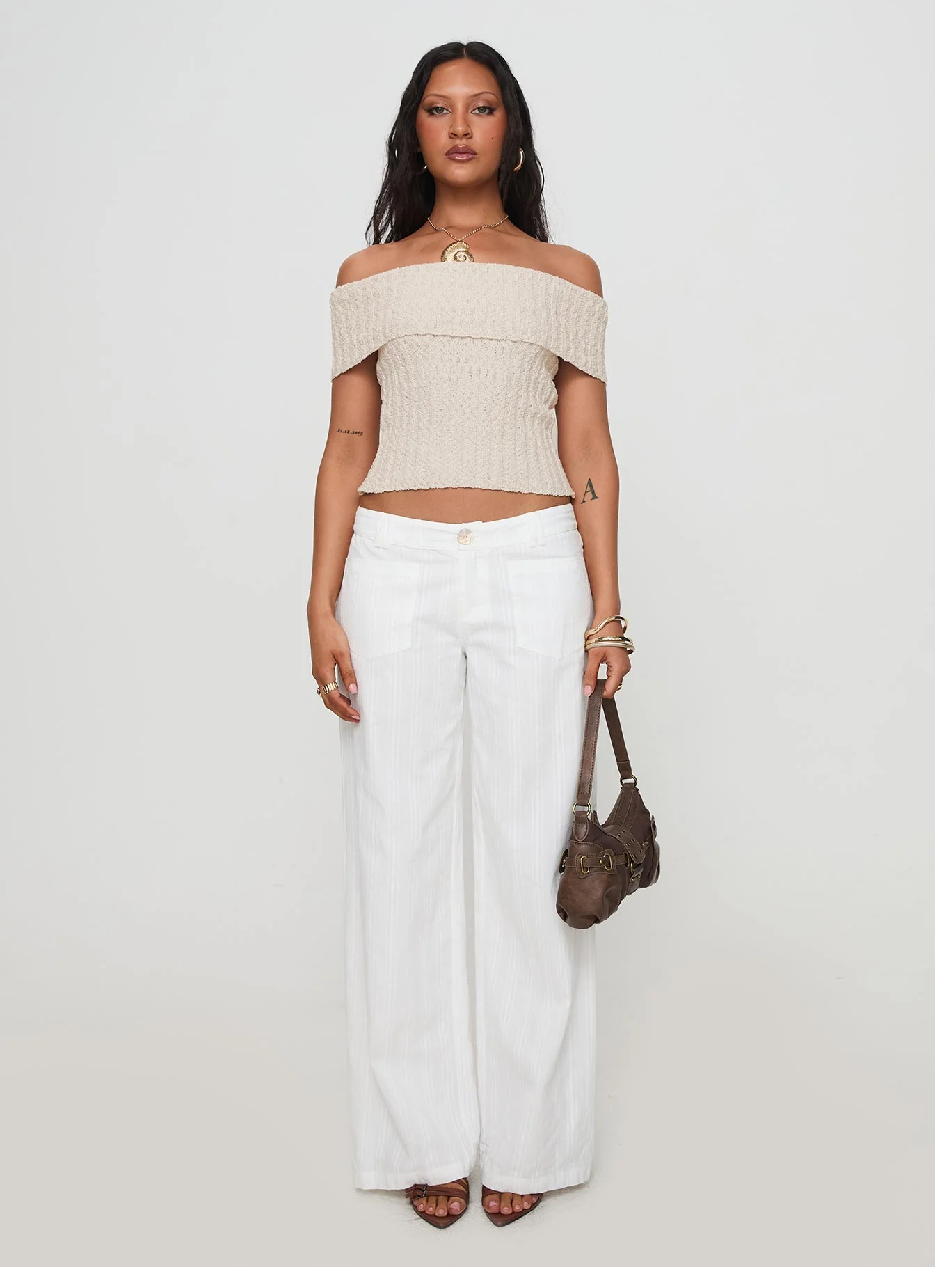 Murmur Off Shoulder Top Beige