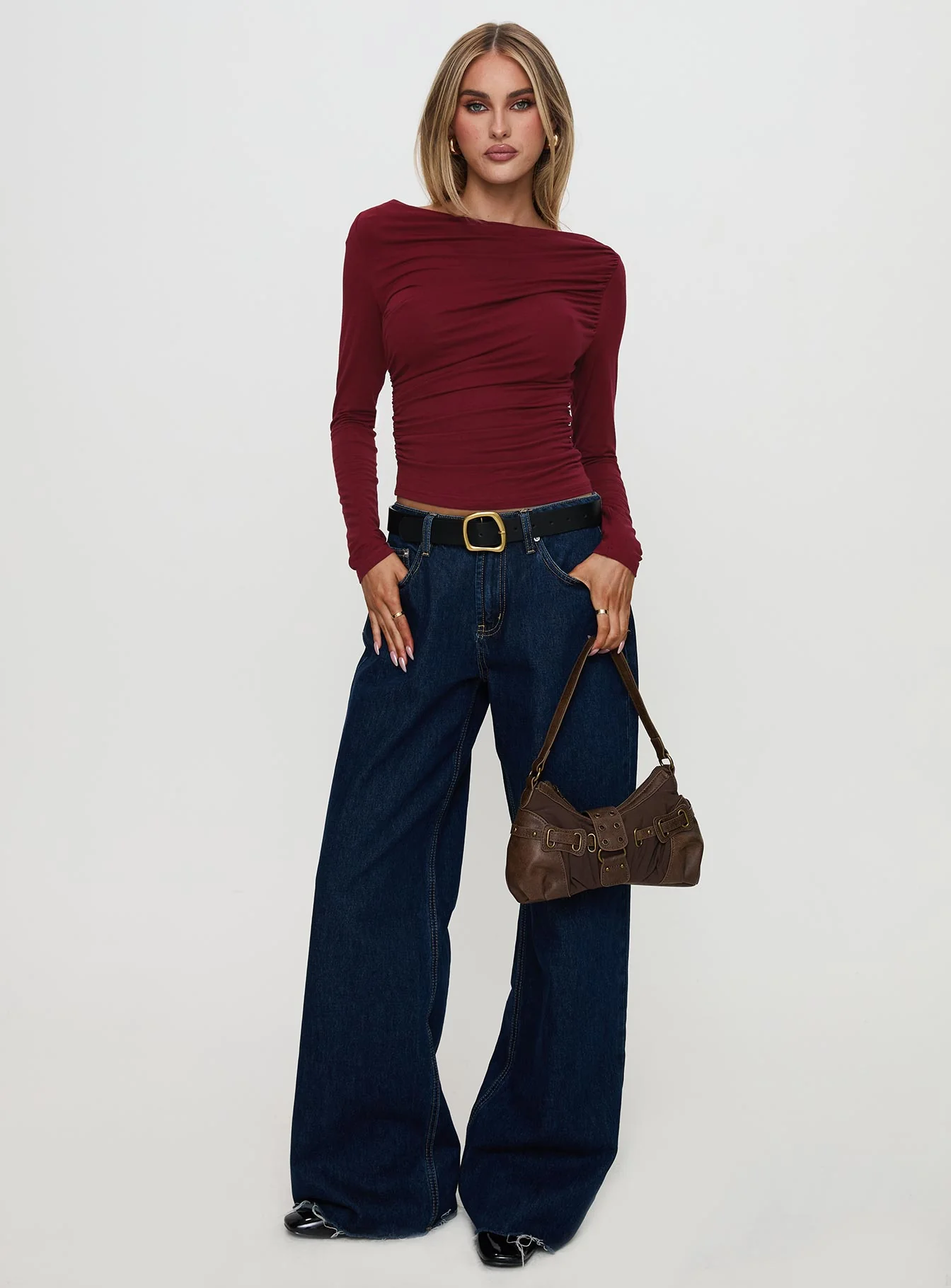 Amberlyn Long Sleeve Ruched Top Burgundy