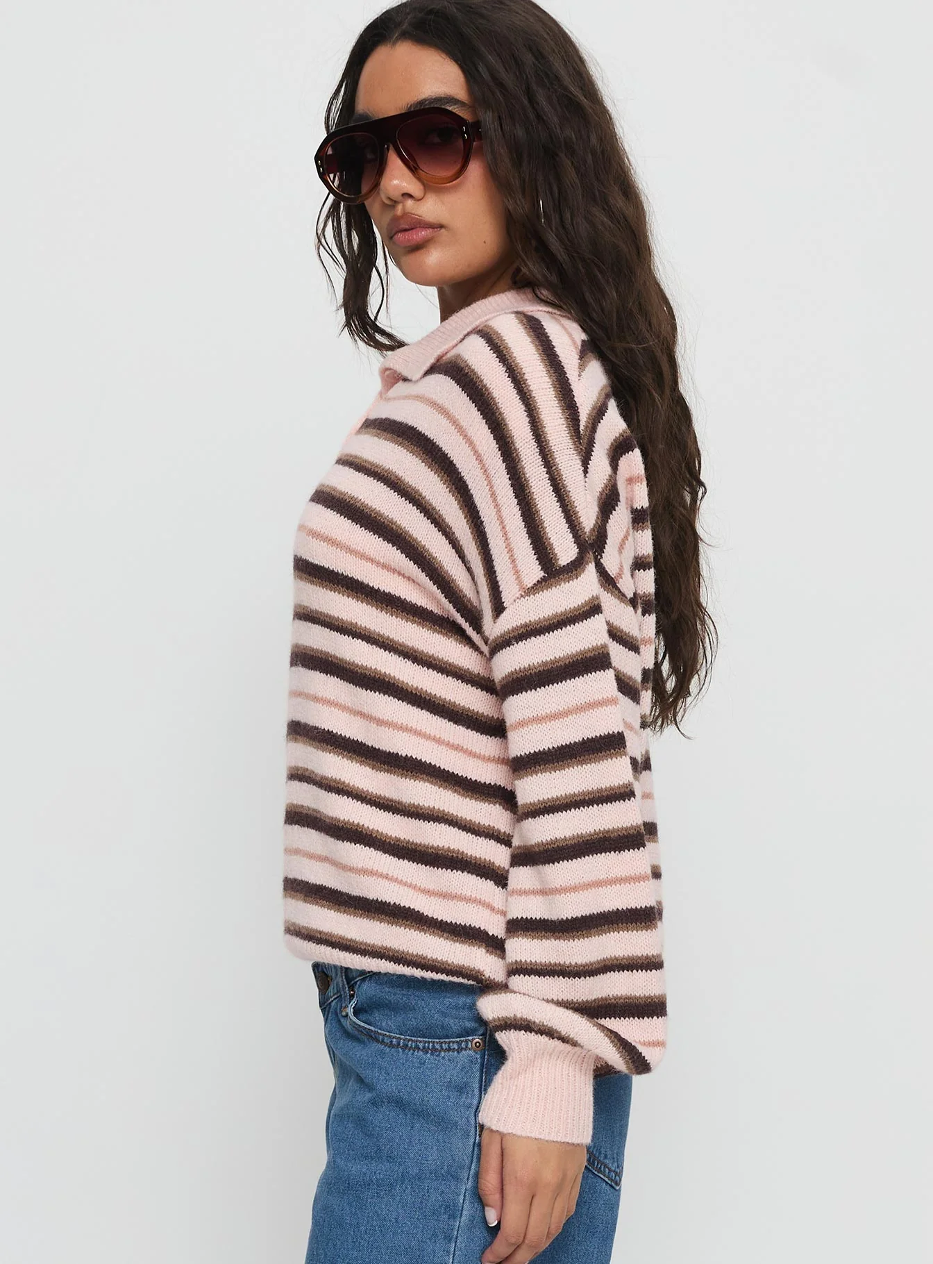 Jeanny Collared Knit Sweater Brown / Pink Stripe