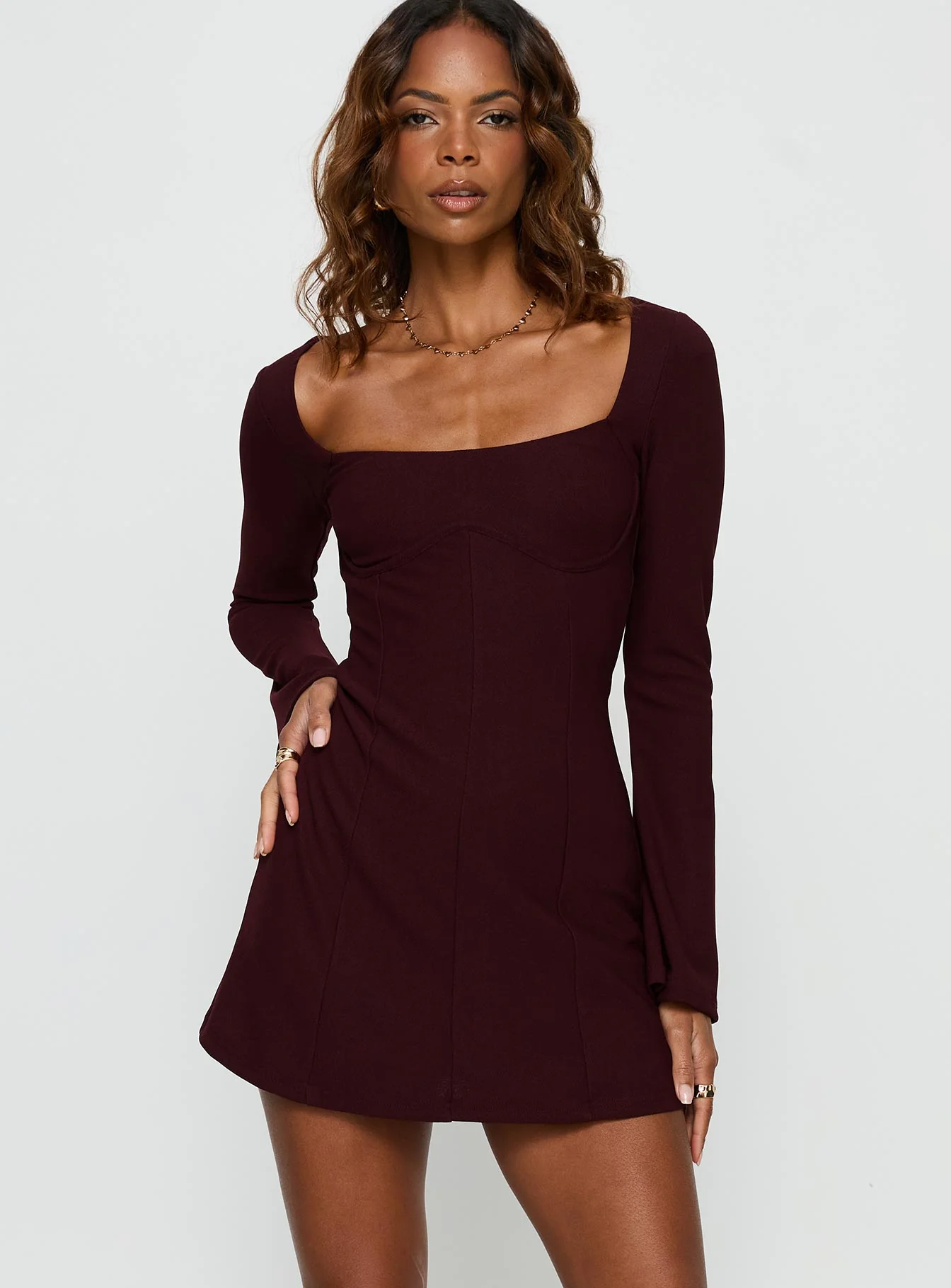 Encounters Long Sleeve Mini Dress Wine