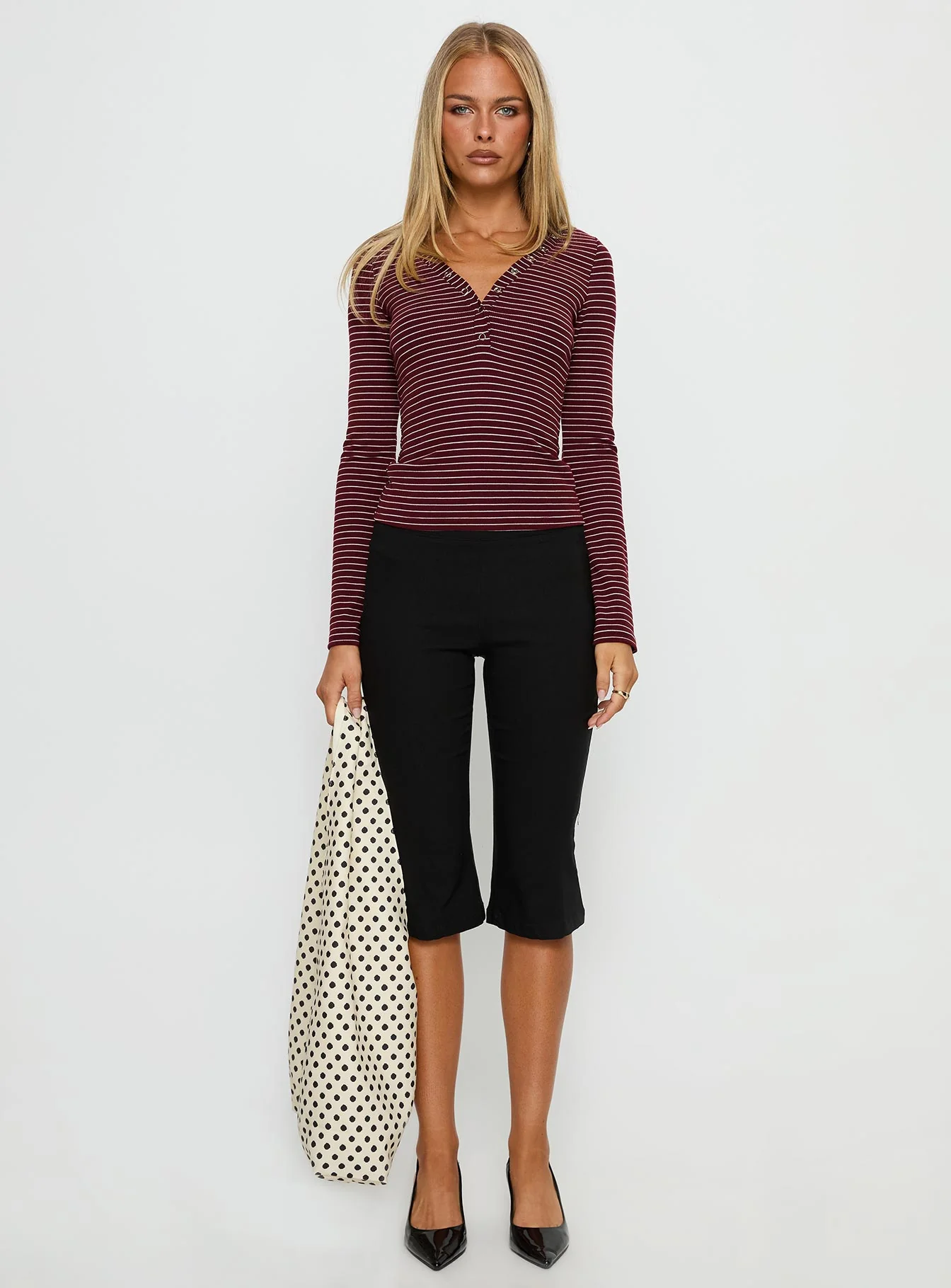 Georgeanna Button Up Long Sleeve Top Burgundy Stripe