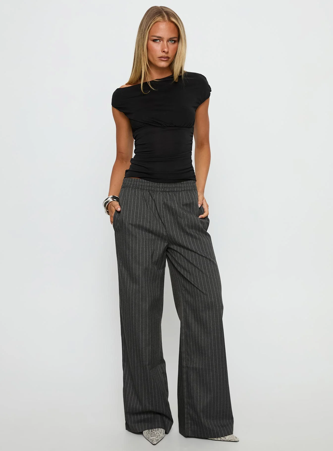 Jaysa Baggy Wide Leg Pant Grey Pinstripe