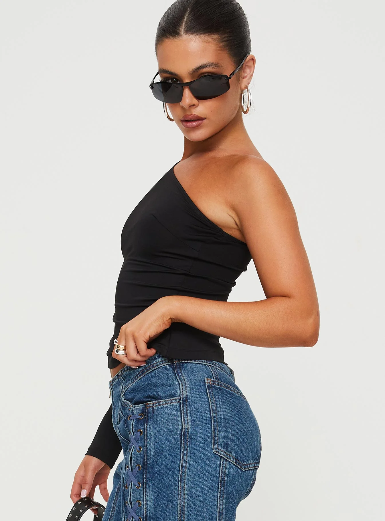 Halston One Shoulder Top Black