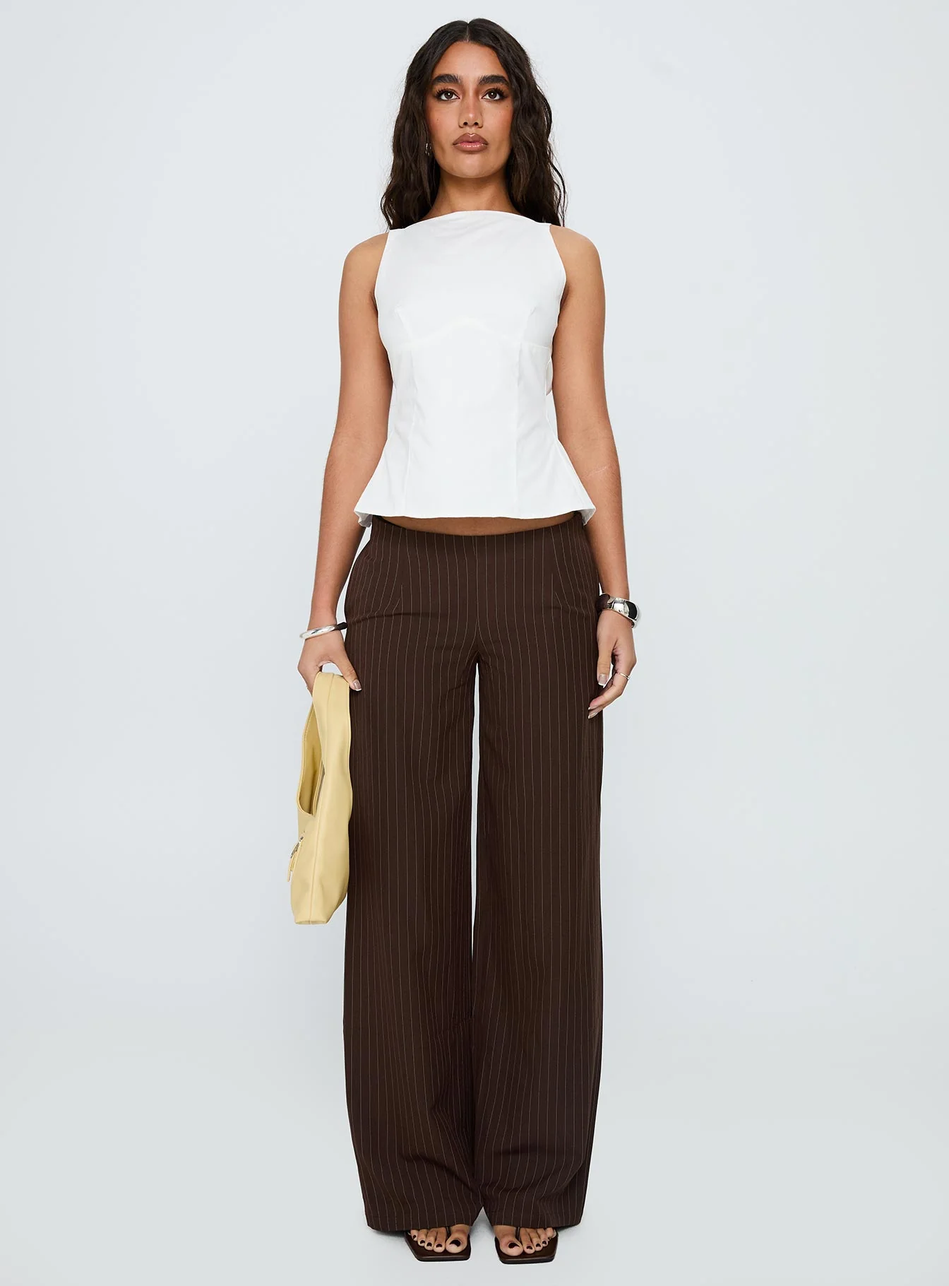 Khane Low Rise Wide Leg Pant Brown Pinstripe