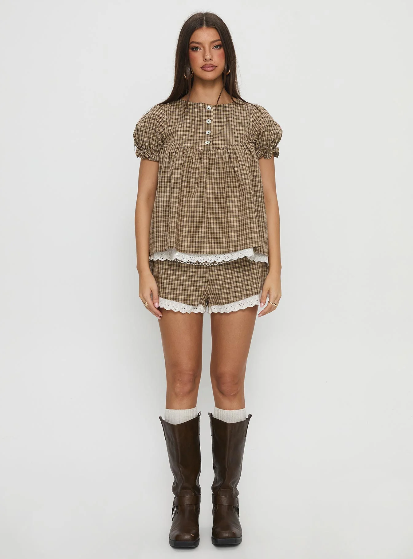 Chandelier Mini Lace Trim Shorts Brown Check