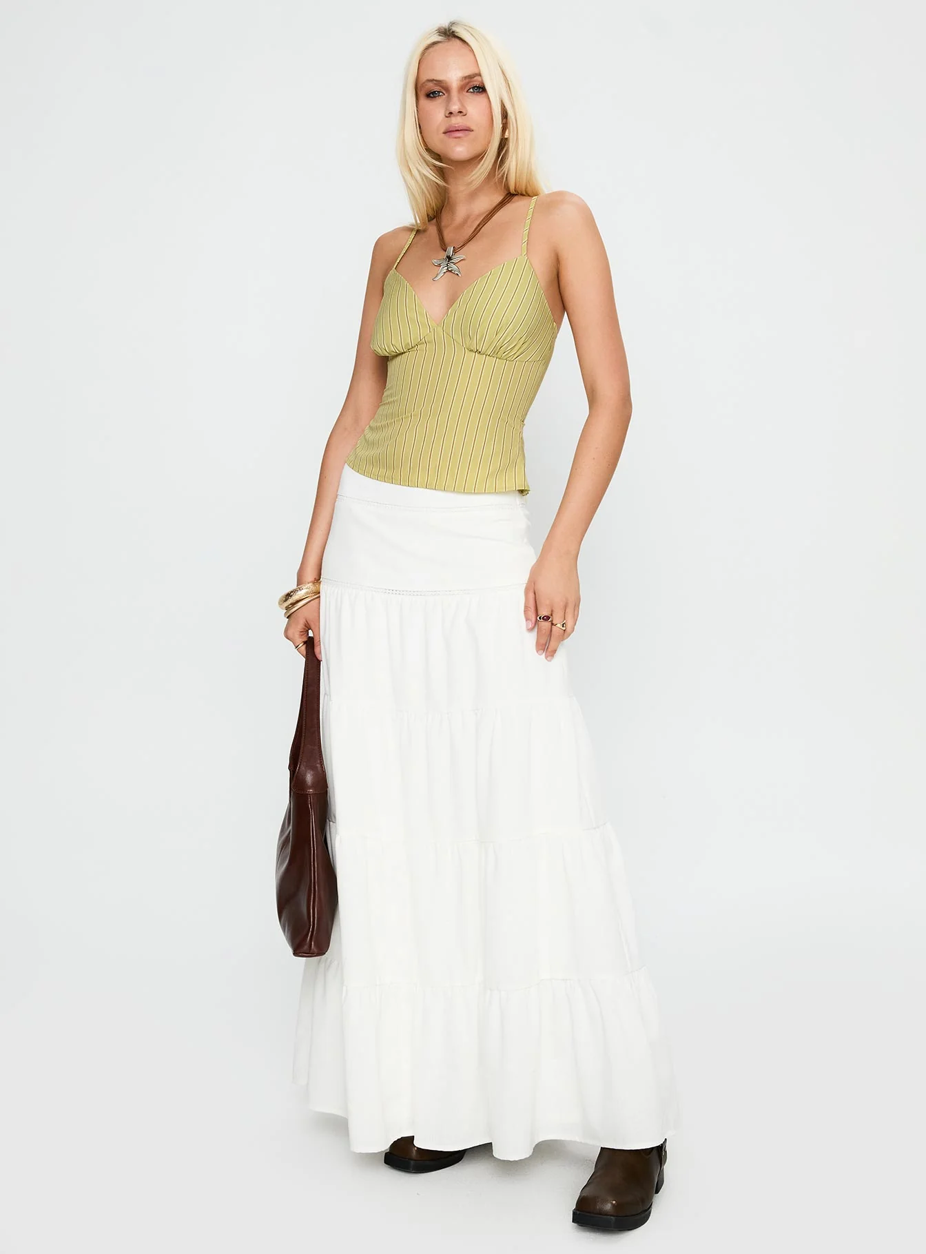 Snowy River Tiered Maxi Skirt White