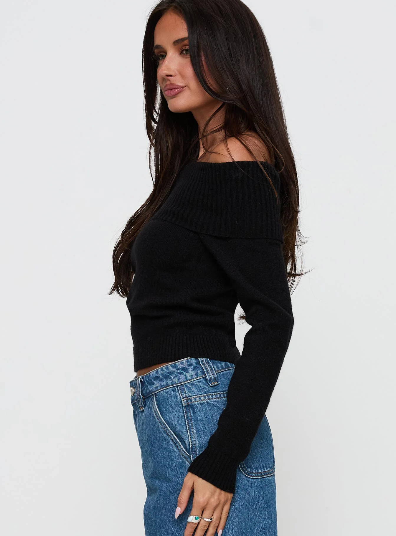 One For Me Off The Shoulder Long Sleeve Sweater Black