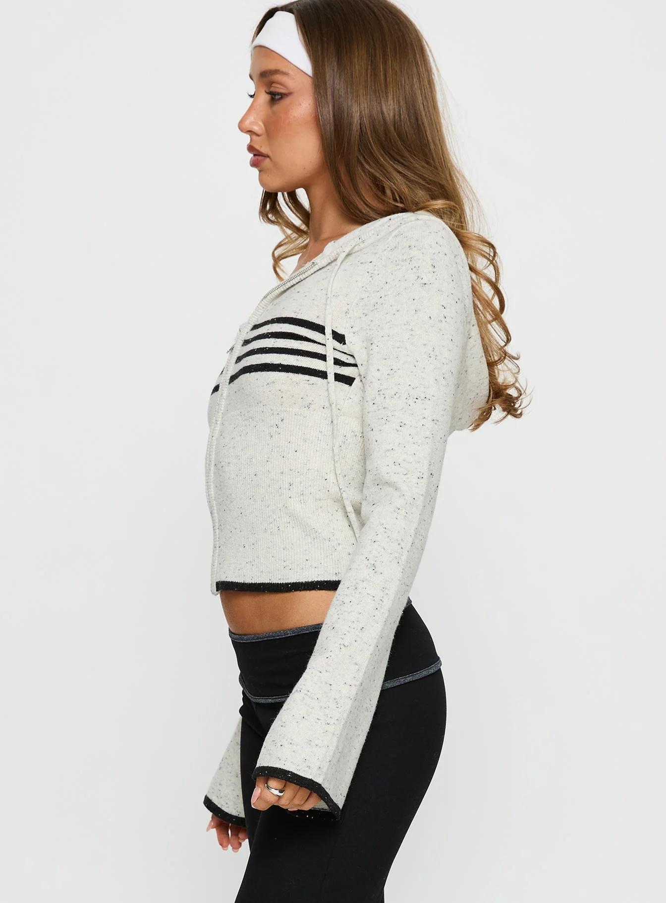 Brandea Zip Through Knit Hoodie White Marle