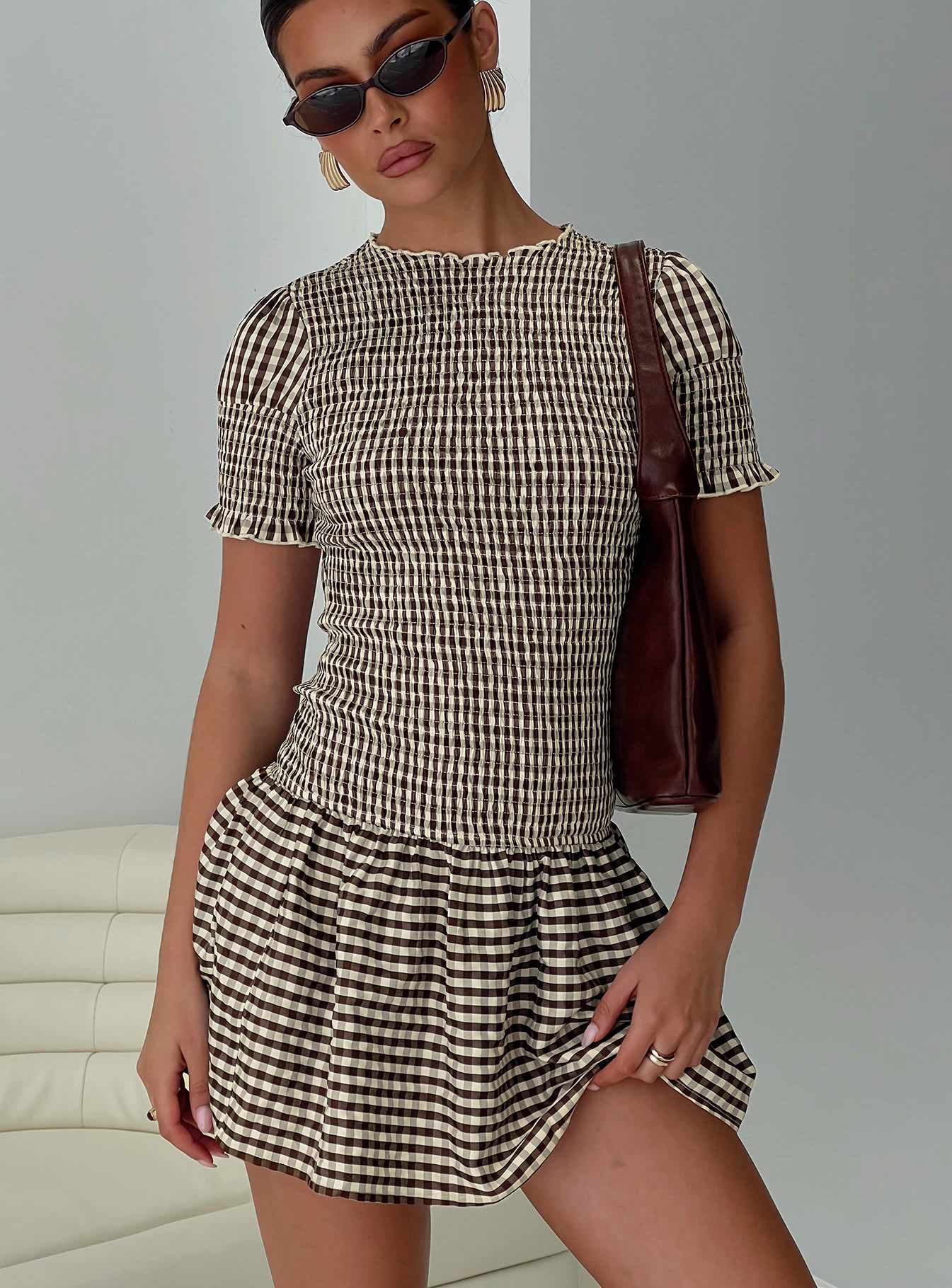 Laurita Shirred Mini Dress Brown Check