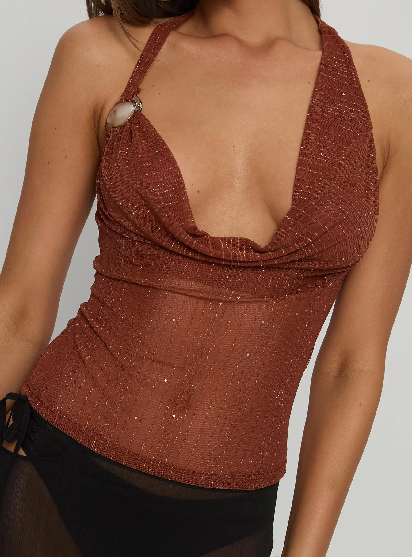 Victorina Hardware Detail Cowl Neck Top Brown