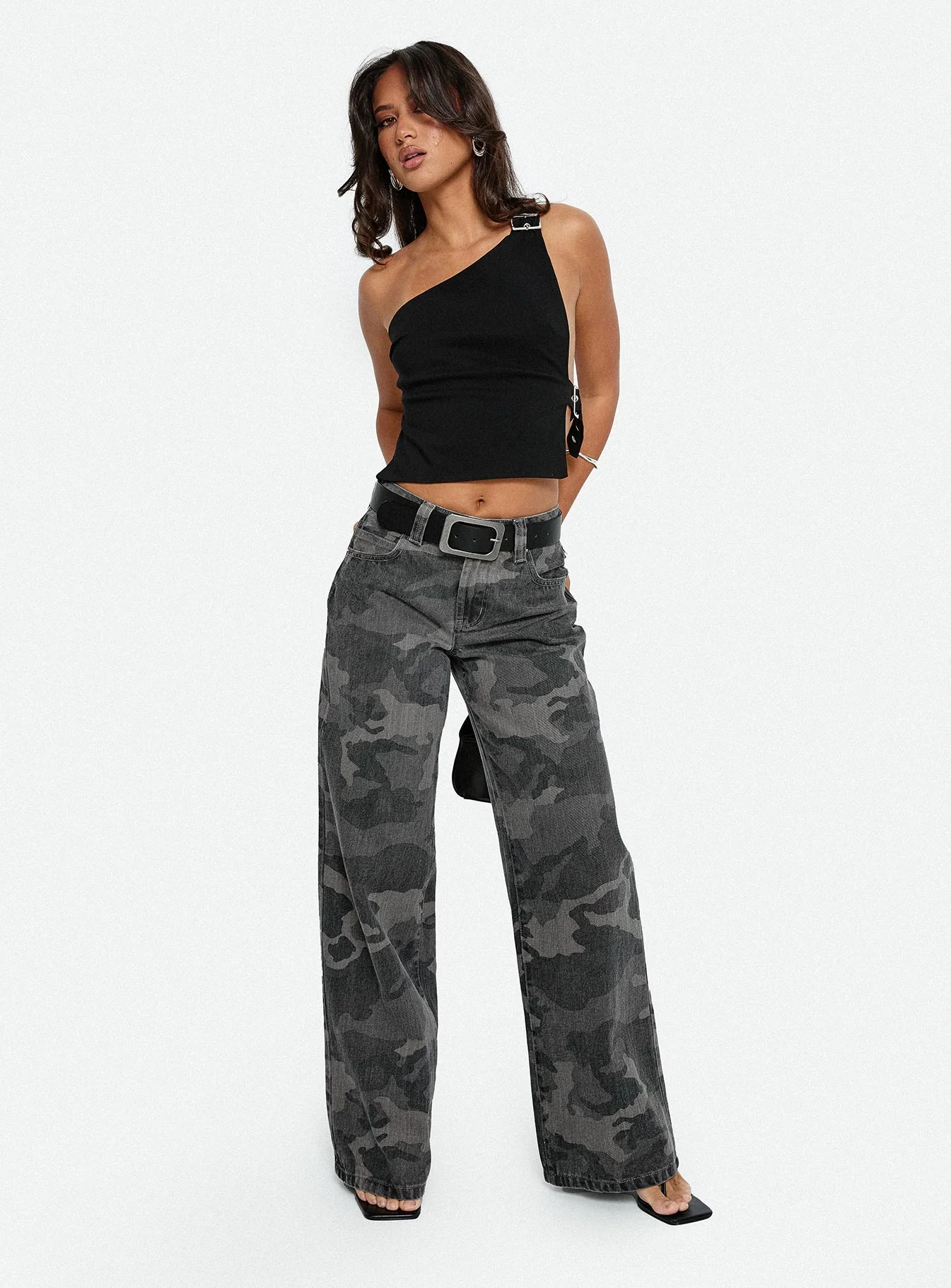Big Talk Mid Rise Straight Leg Jeans Grey Washed Camo