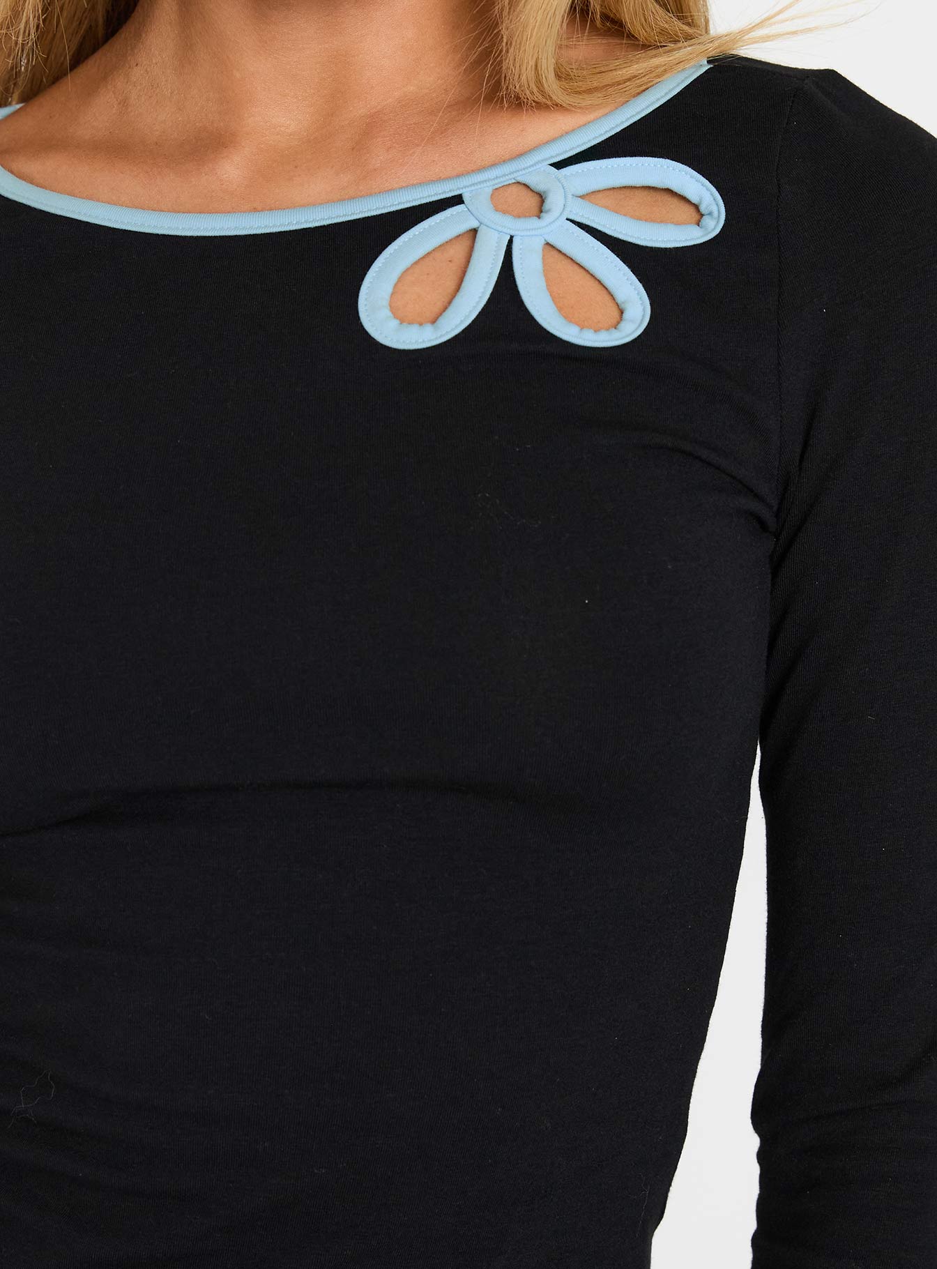 Double Back Floral Cut Out Long Sleeve Top Black