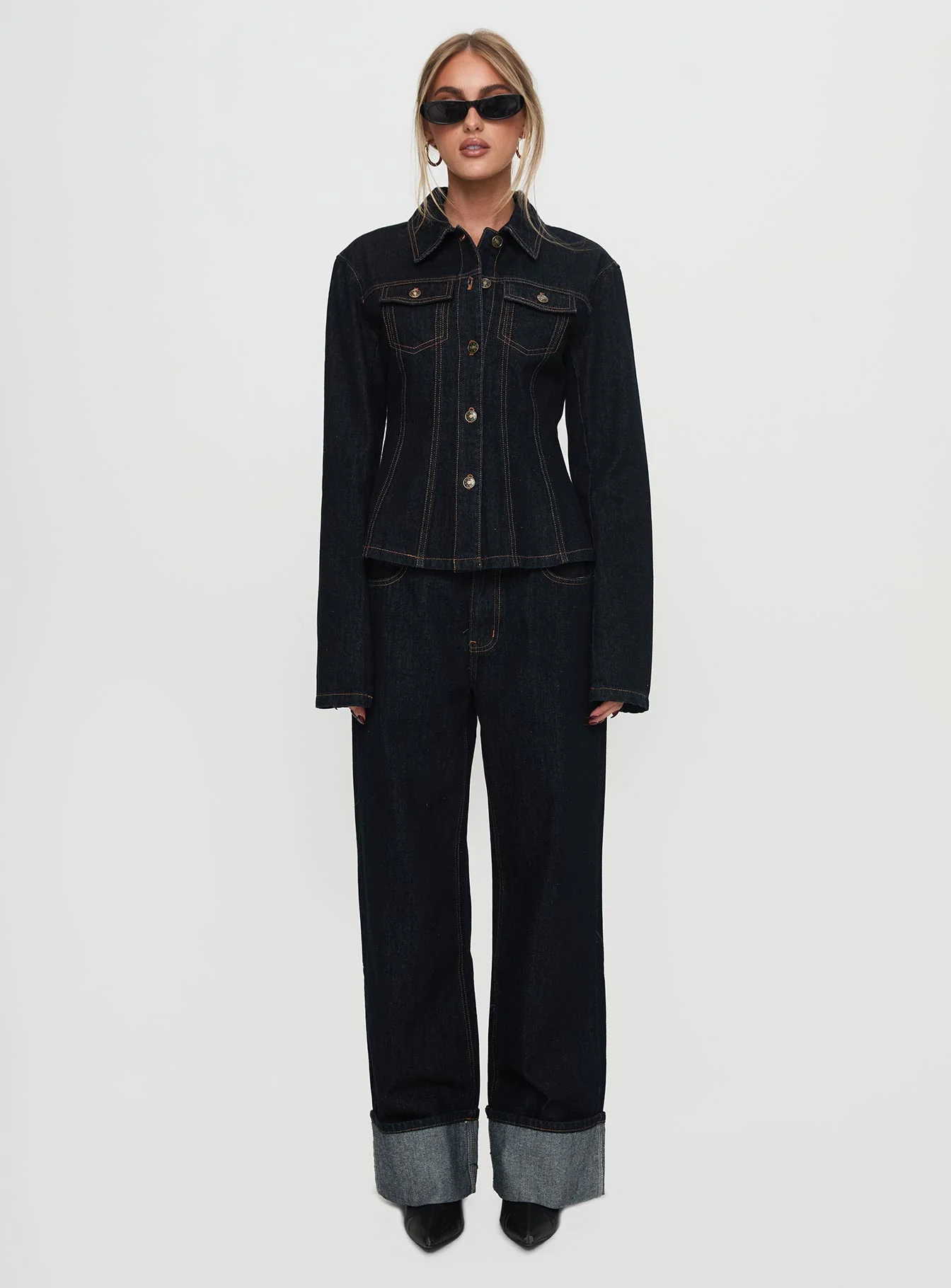 Top Model Low Rise Straight Leg Cuffed Jean Dark Denim