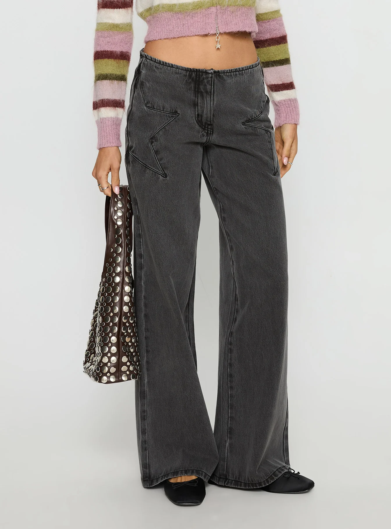 Dolley Star Stitch Mid Rise Wide Leg Jean Grey Wash