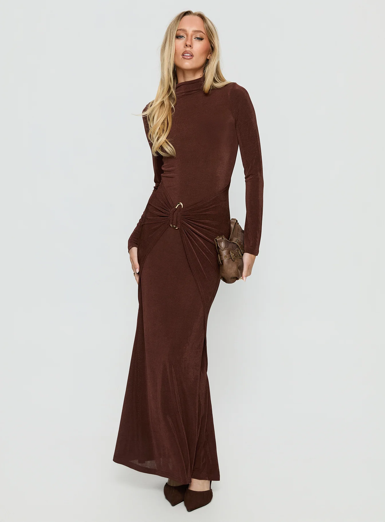 Yaqueline Long Sleeve Ruched Maxi Dress Chocolate
