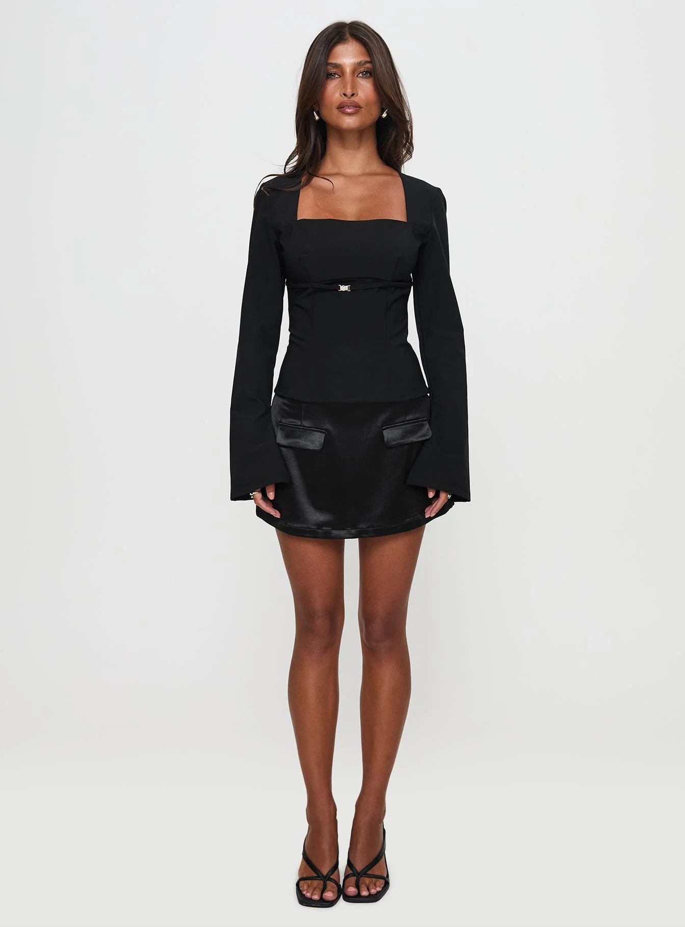 Flounce Long Sleeve Top Black