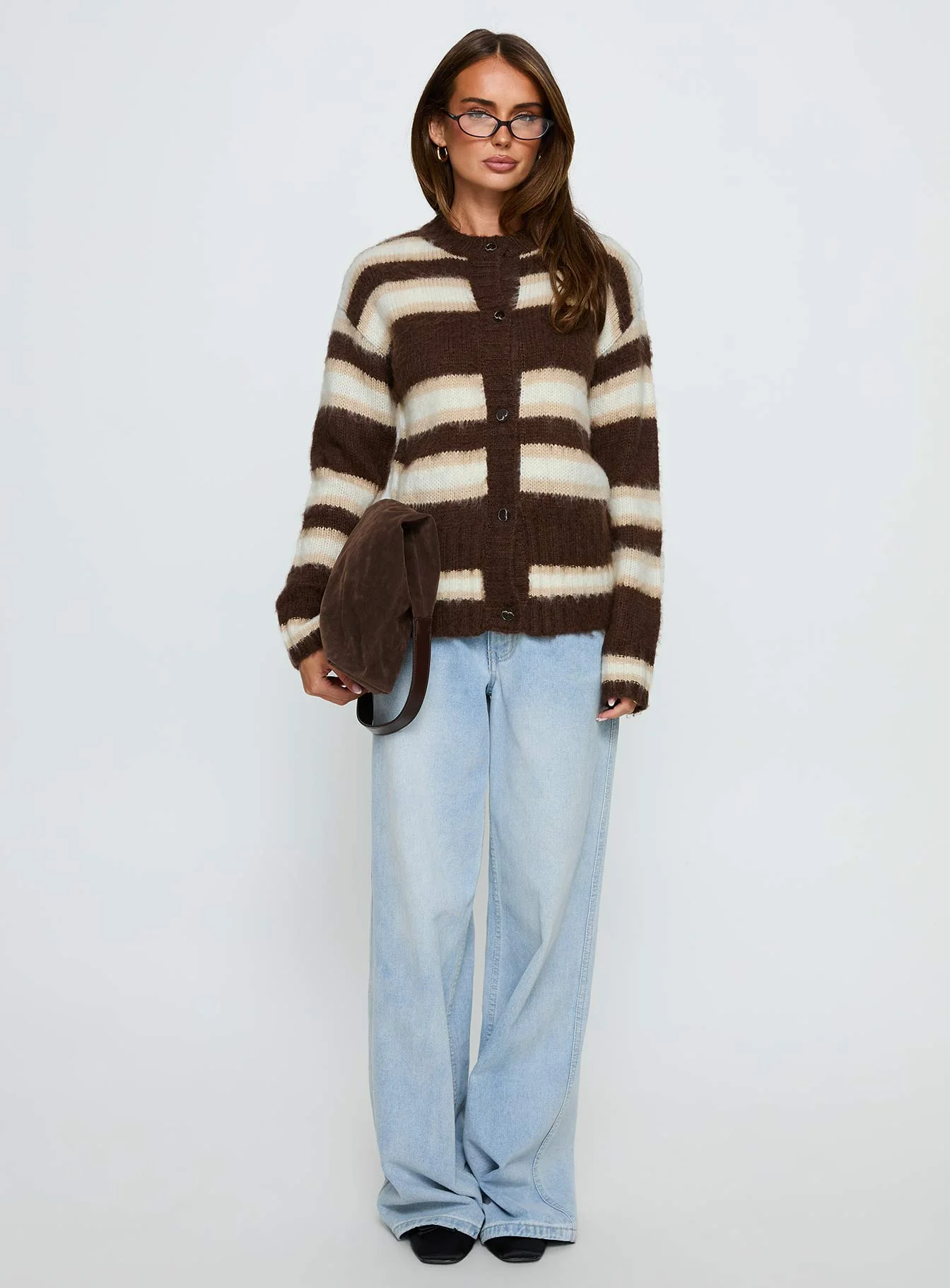Cultivated Fluffy Knit Cardigan Brown Stripe