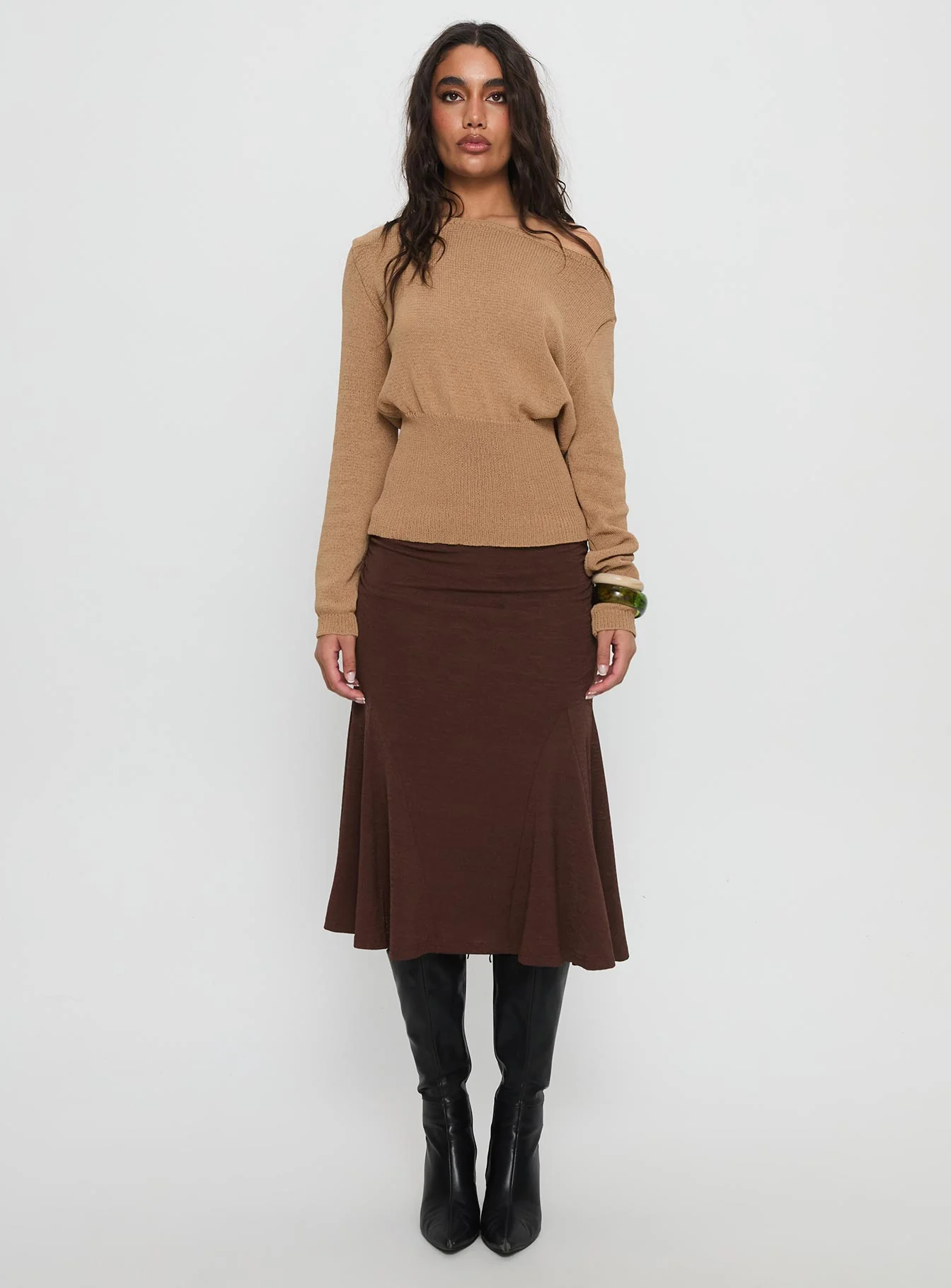Xaria Off Shoulder Knit Sweater Tan