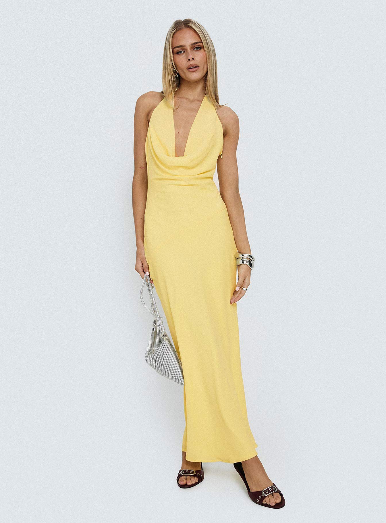 Ocean Boulevard Plunge Maxi Dress Lemon