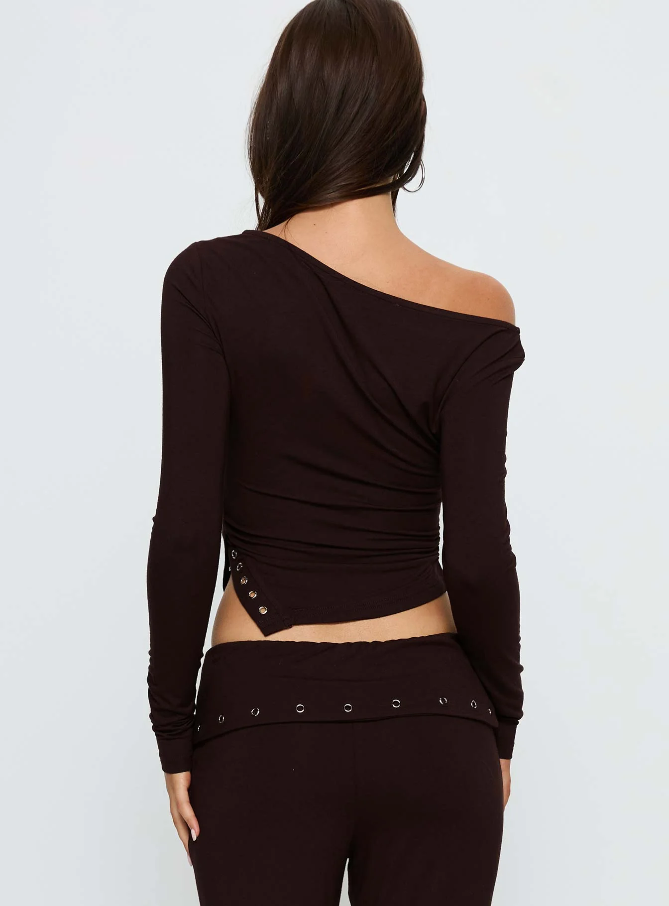 Wynna Eyelet Detail One Shoulder Top Chocolate