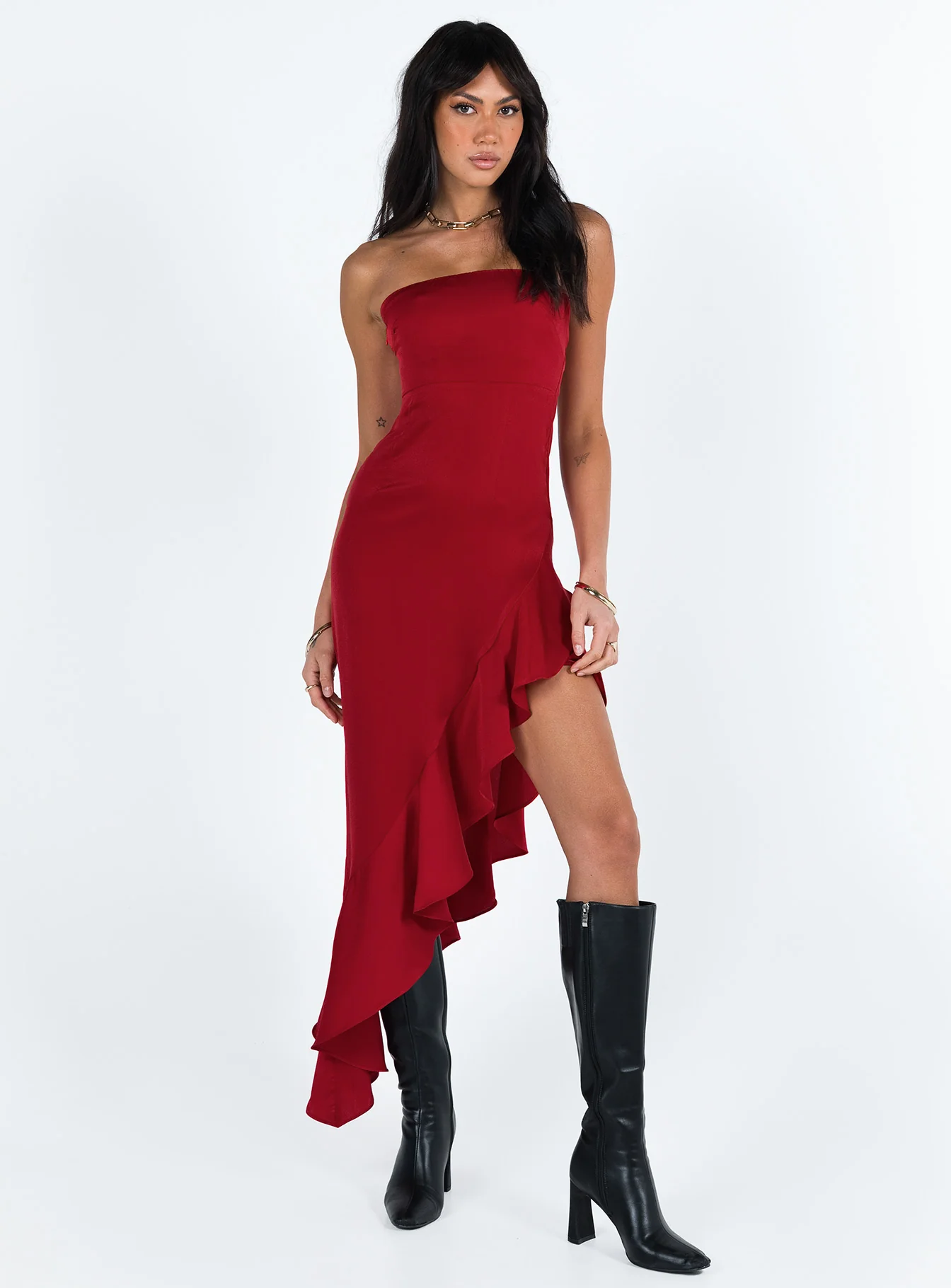 Emelina Asymmetric Midi Dress Red