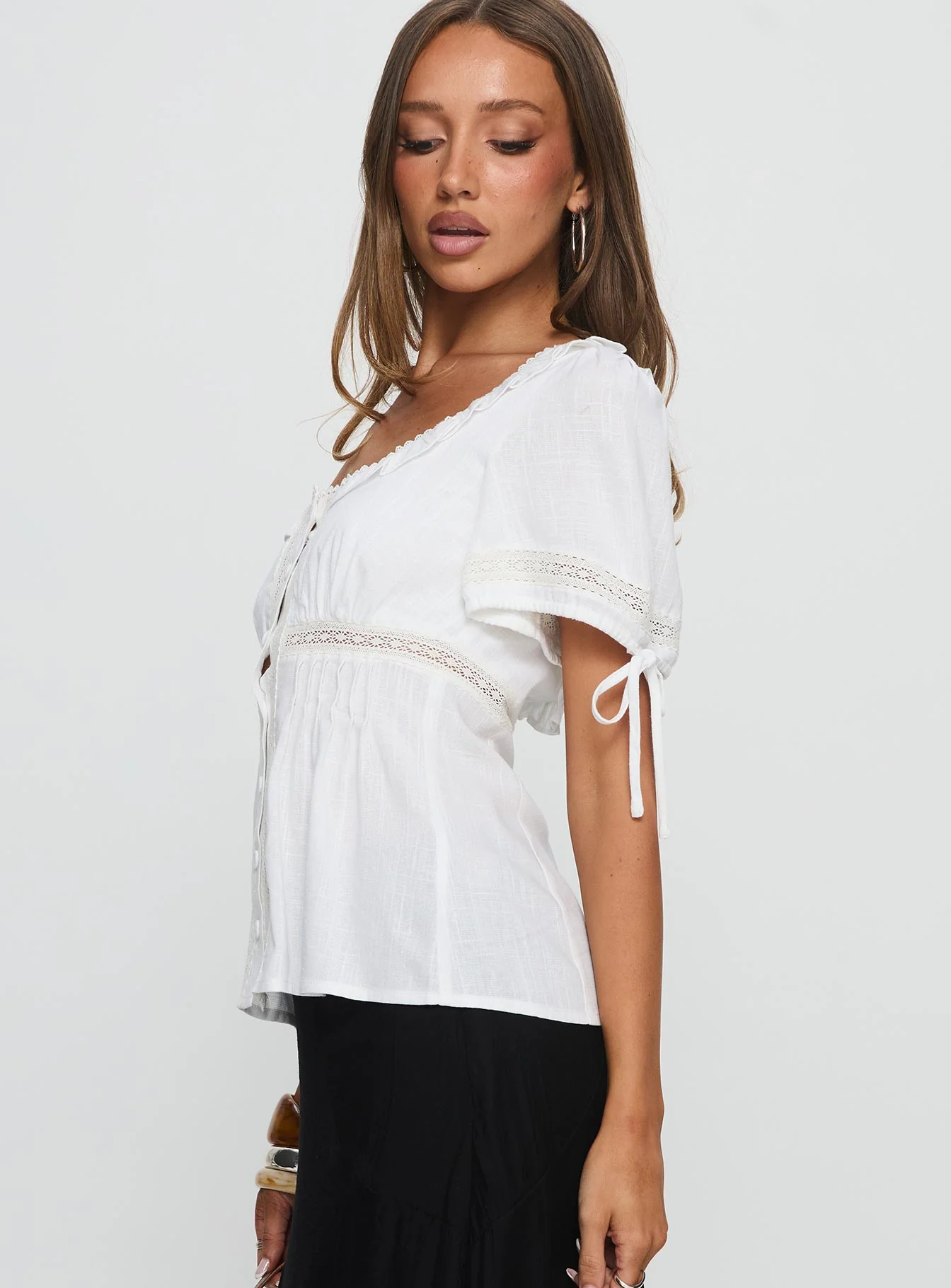 Indianah Pleat Lace Panel Blouse Top White