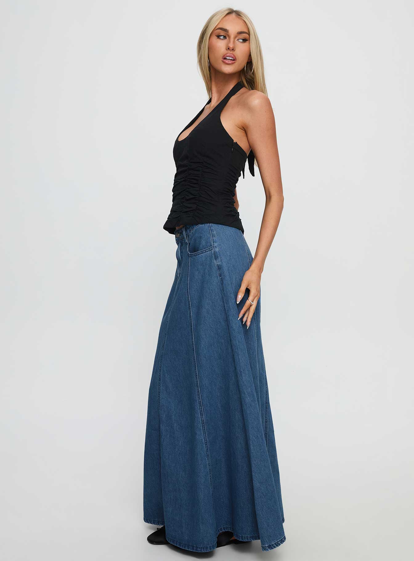 Charleigh Soft Pleat Denim Maxi Skirt Mid Blue Wash