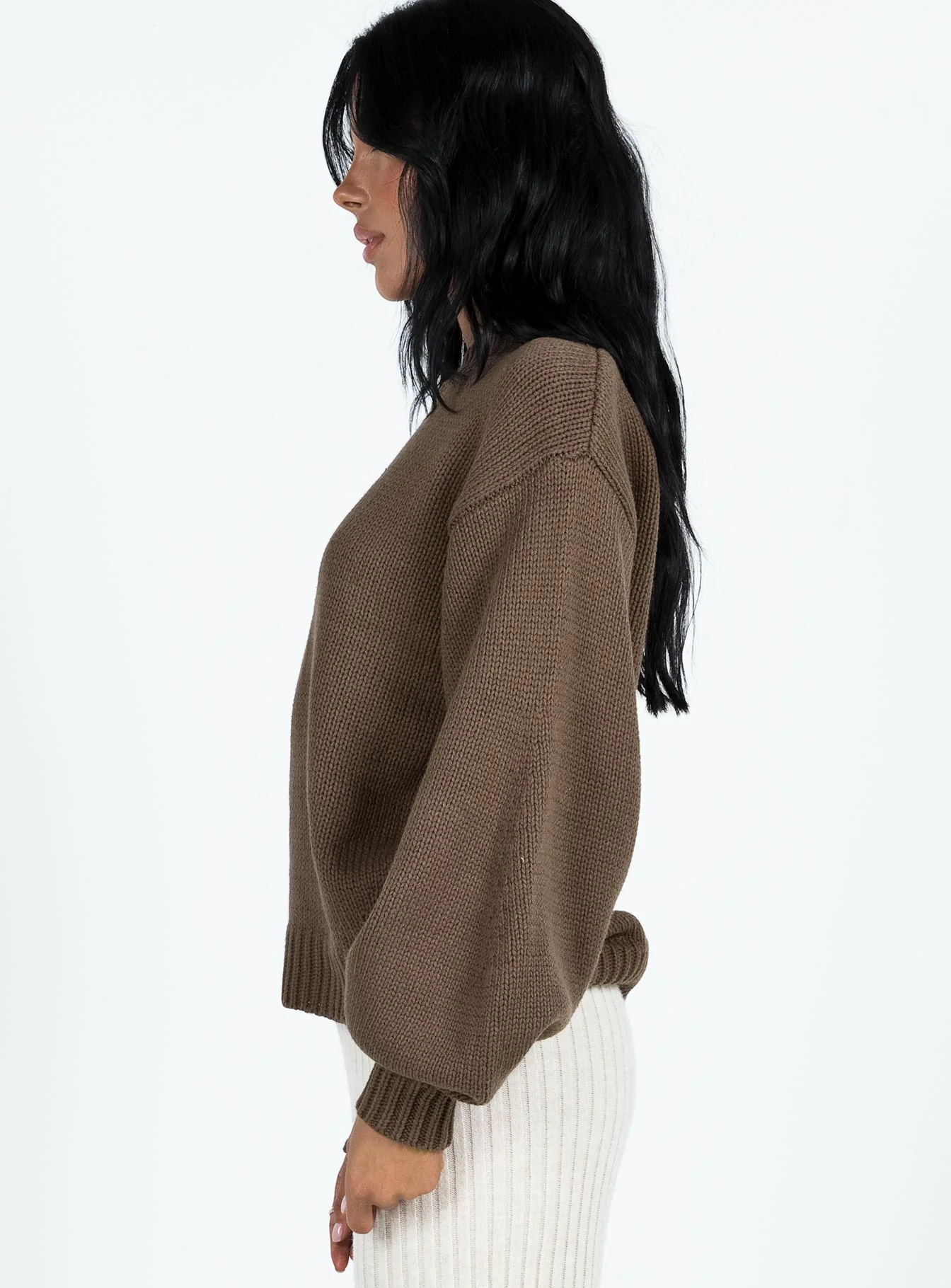 Harmony Balloon Sleeve Knit Sweater Dark Brown