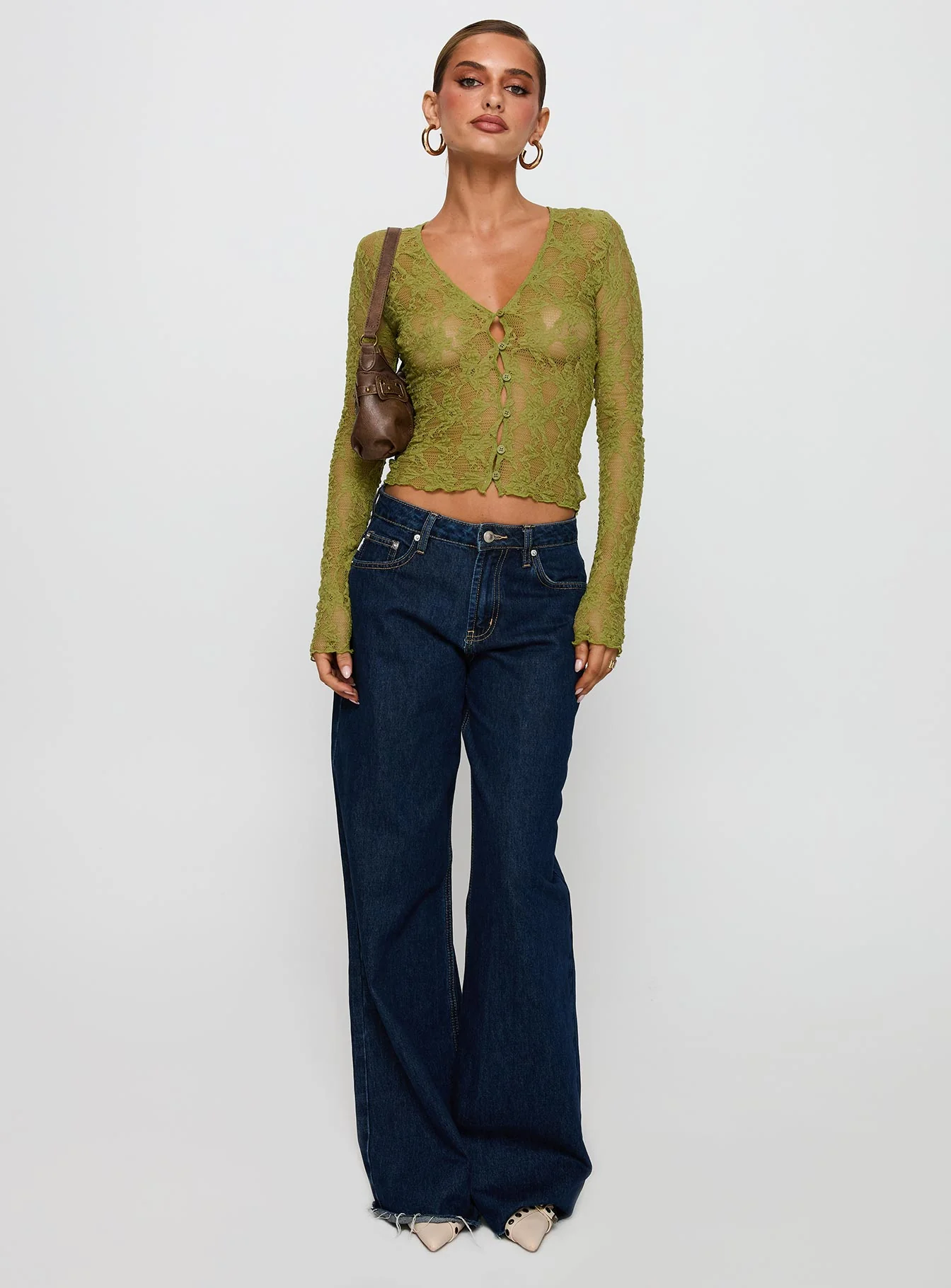 Prized Possessions Sheer Button Up Top Green