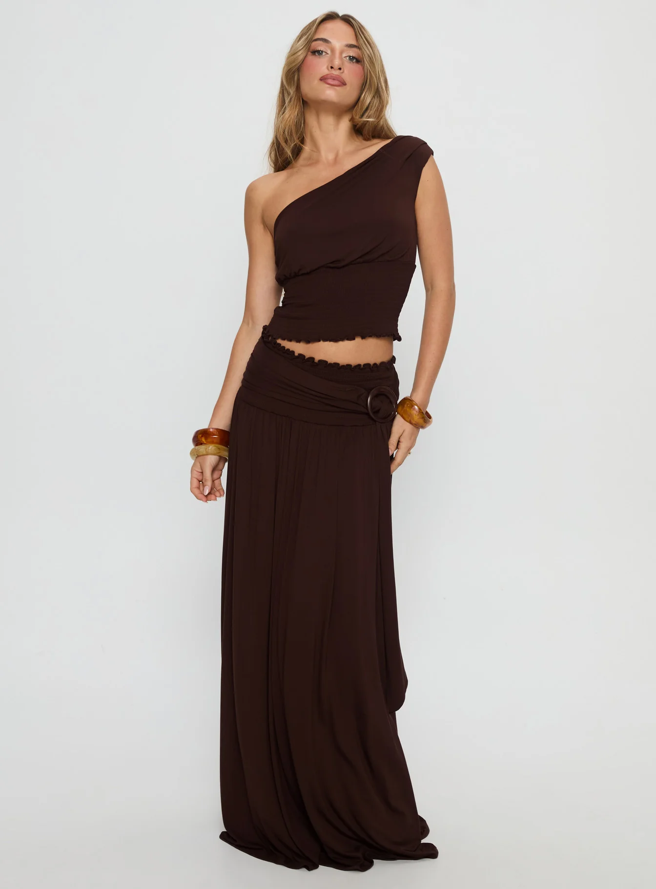 Full Orbit Shirred Maxi Skirt Chocolate Brown